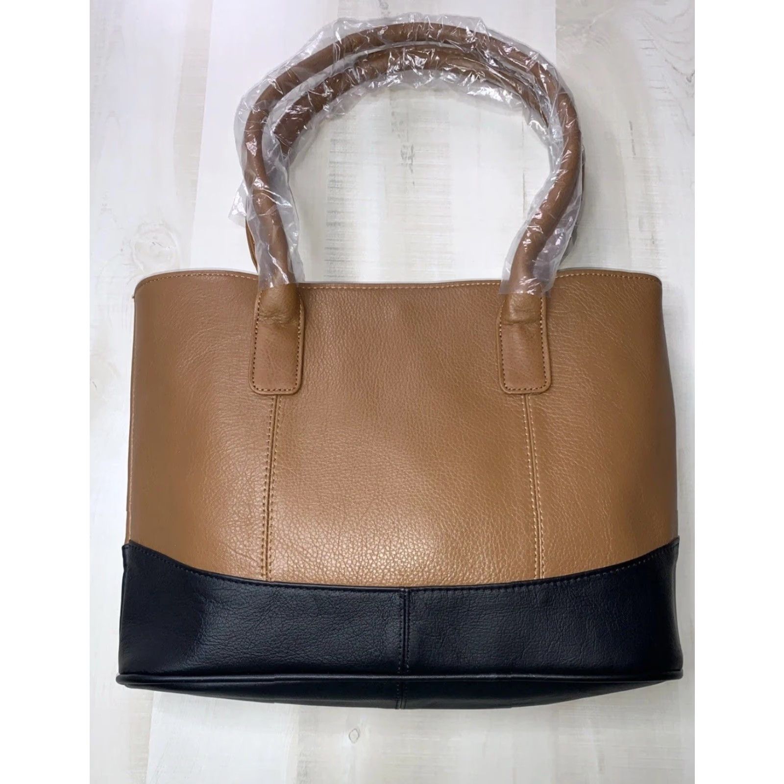 Vintage Ameri Leather Two Tone Tote Shoulder Bag Purse Brown/Black 15Lx11H NEW! Size ONE SIZE - 5 Thumbnail