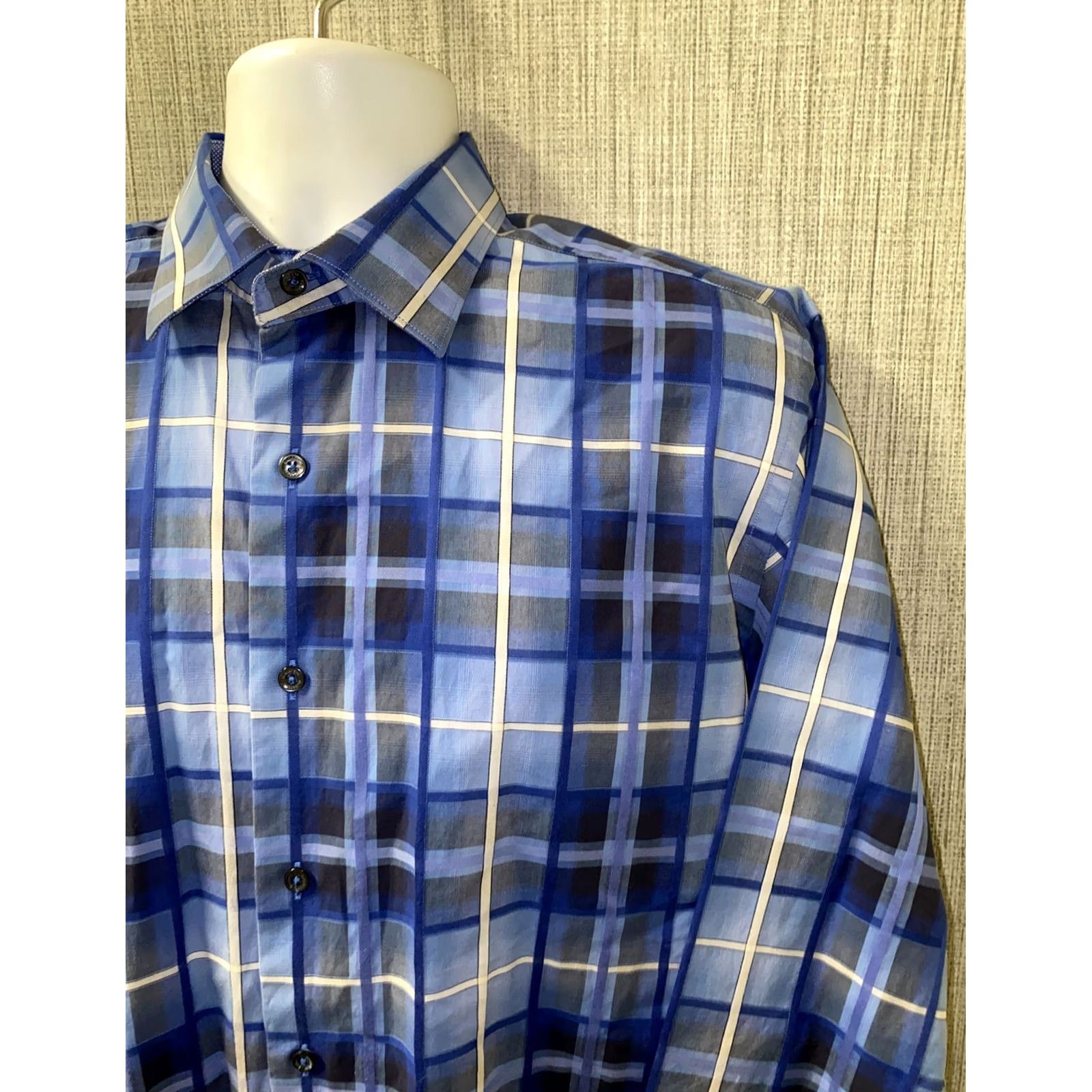 BUGATCHI Bugatchi Uomo Shirt Long Sleeve Blue Plaid L Mens Button-Up Collar-Down Button-Up Regular Cotton Size US L / EU 52-54 / 3 - 2 Thumbnail