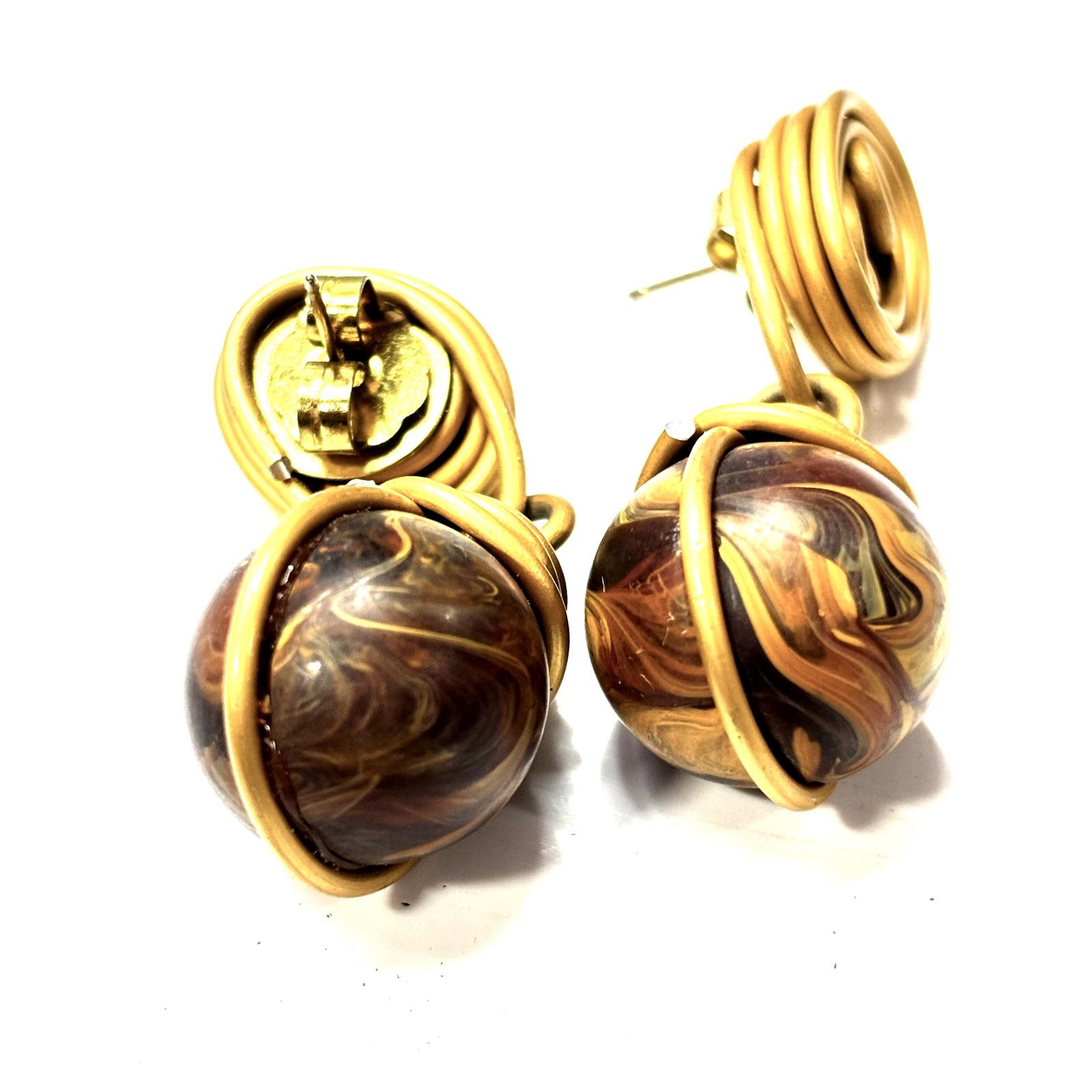 Vintage VINTAGE Gold Tone Wooden Wire Globe Dangle Ladies Earrings Size ONE SIZE - 4 Thumbnail