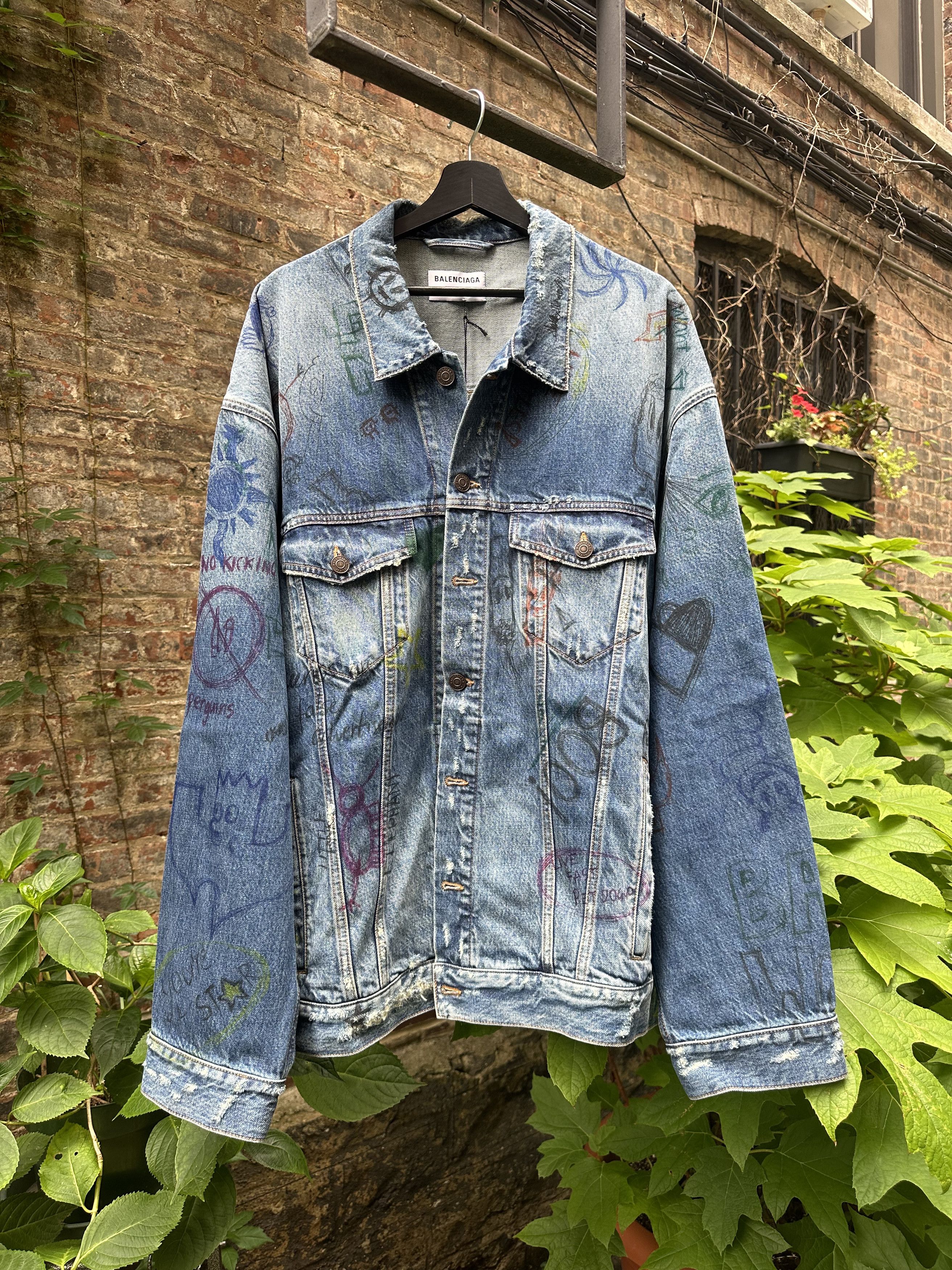 Balenciaga Blue Graffiti Scribble Logo Denim Jacket Size US M / EU 48-50 / 2 - 4 Thumbnail