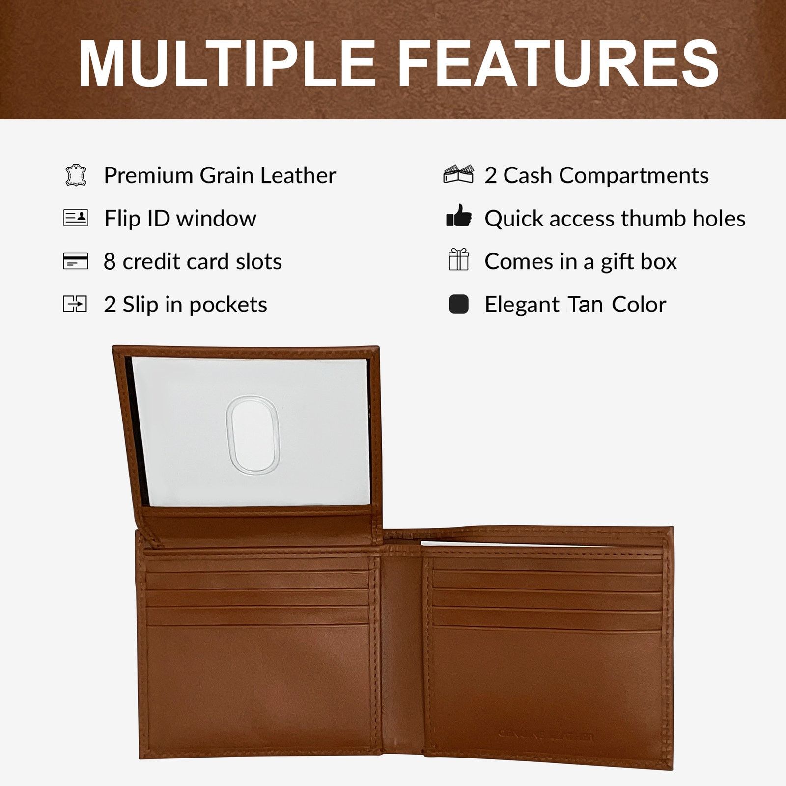 Handmade Men's minimalist tan genuine leather wallet with ID window Size ONE SIZE - 3 Thumbnail