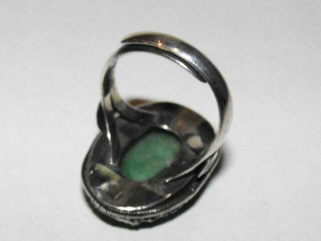 Designer Chinese Art Deco Sterling Silver Carved Jade Cabochon Ring Size ONE SIZE - 3 Thumbnail