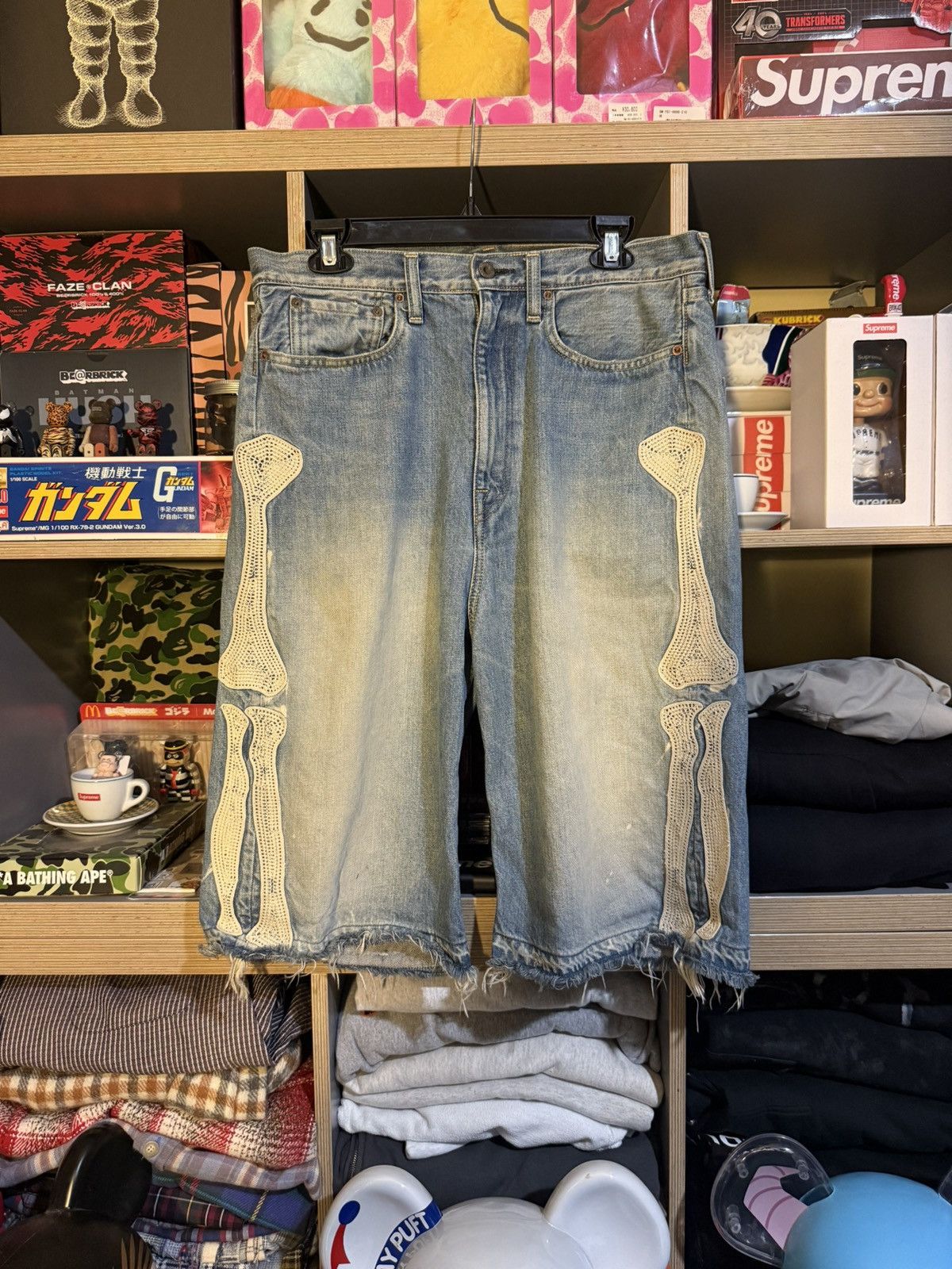 Kapital Light Wash Denim Bone Shorts