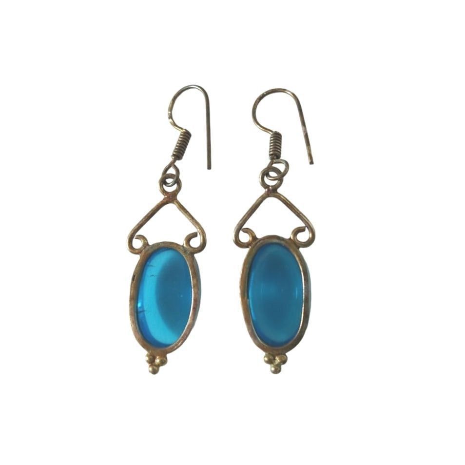 The Unbranded Brand Vintage Oval Cut Blue Agate Dangle Earrings Sterling Silver Size ONE SIZE - 2 Thumbnail
