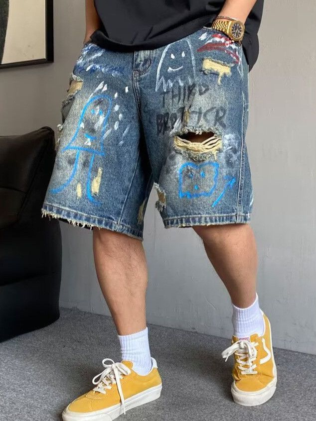 Japanese Brand Retro hand-painted graffiti printed denim shorts Size US 32 / EU 48 - 5 Thumbnail