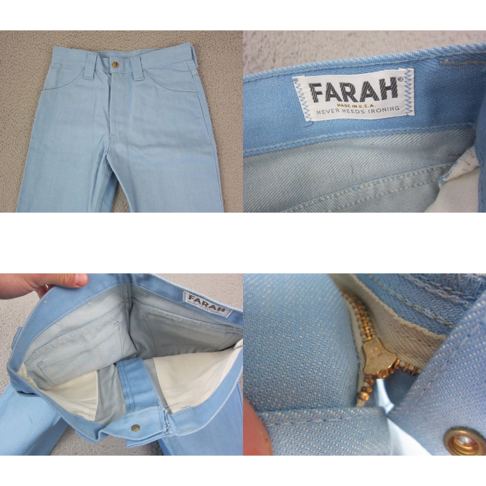 Farah VINTAGE Farah Pants Teens 16 W28 L29 Blue Flared Deadstock 70s NOS Disco Size 38" / US 16 / IT 52 - 8 Thumbnail