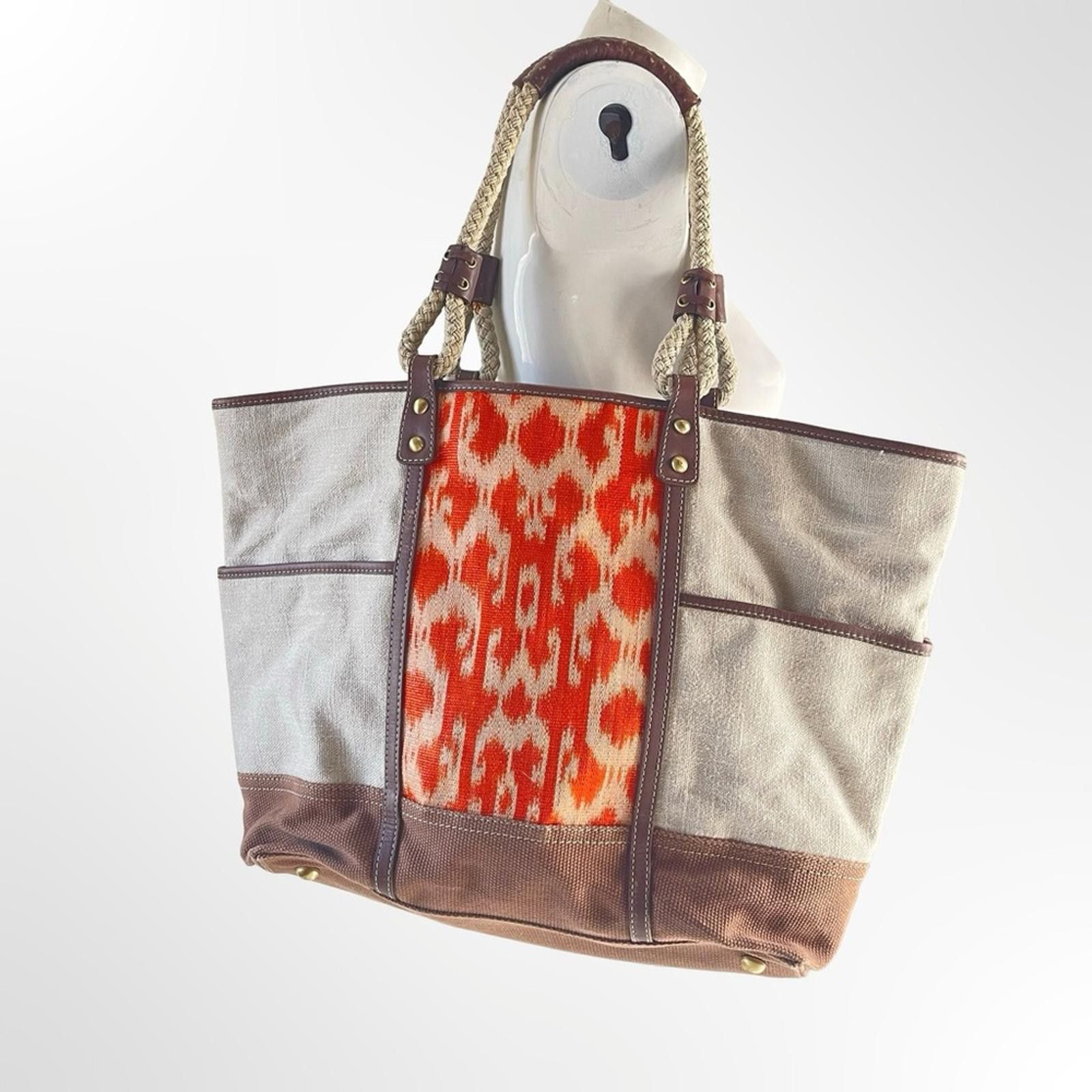 Other Rafe NY Canvas Tote Bag with Orange Ikat Panel & Brown Trim Size ONE SIZE - 1 Thumbnail