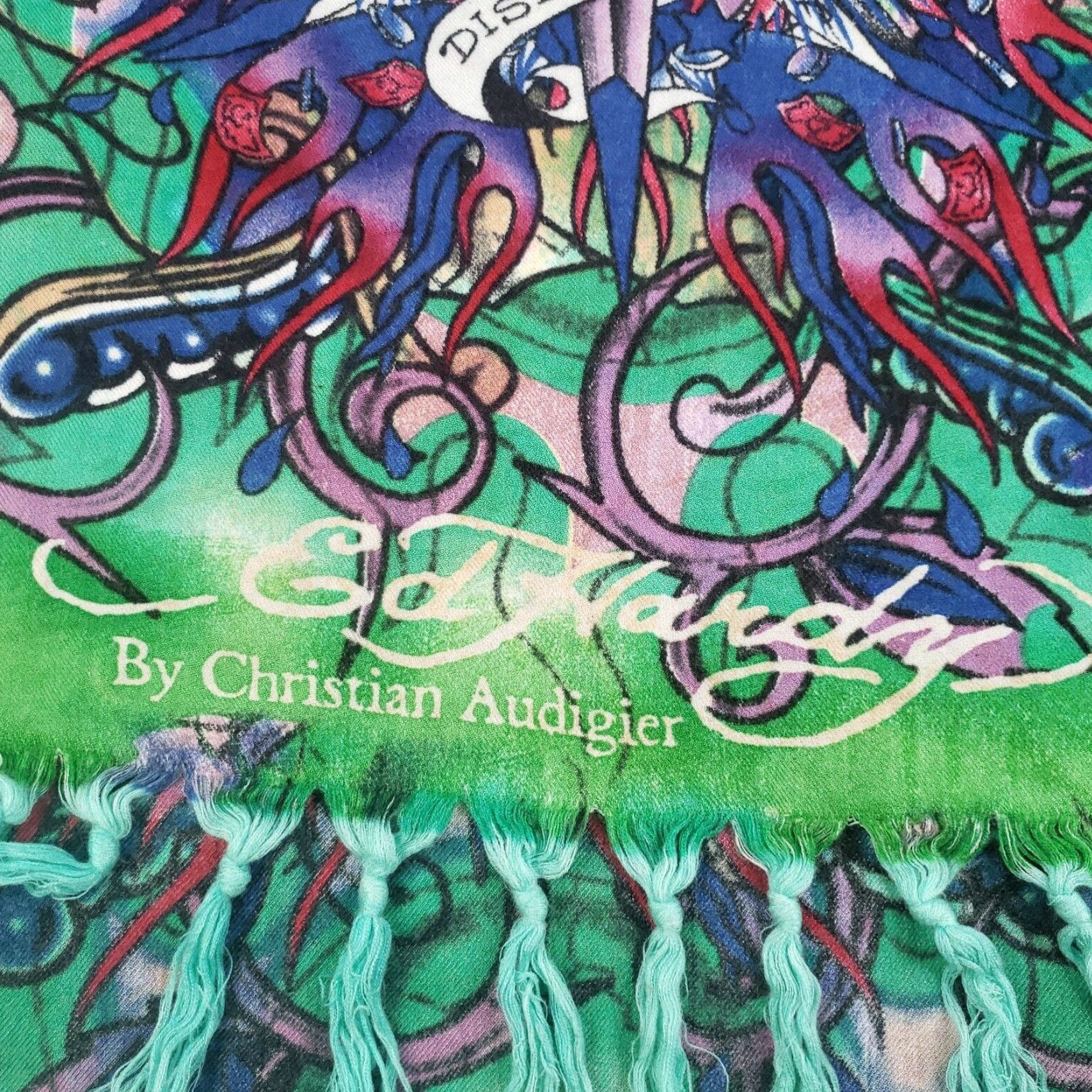 Ed Hardy VINTAGE Ed Hardy by Christian Audigier Scarf Women Rectangle 25x66 Green Geometric Y2K Size ONE SIZE - 3 Thumbnail