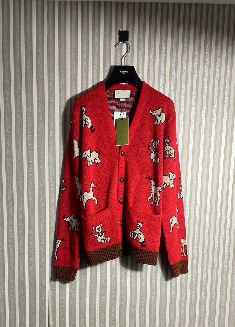 Gucci Gucci Red wool zoo knitted cardigan coat Size M / US 6-8 / IT 42-44 - 1 Thumbnail
