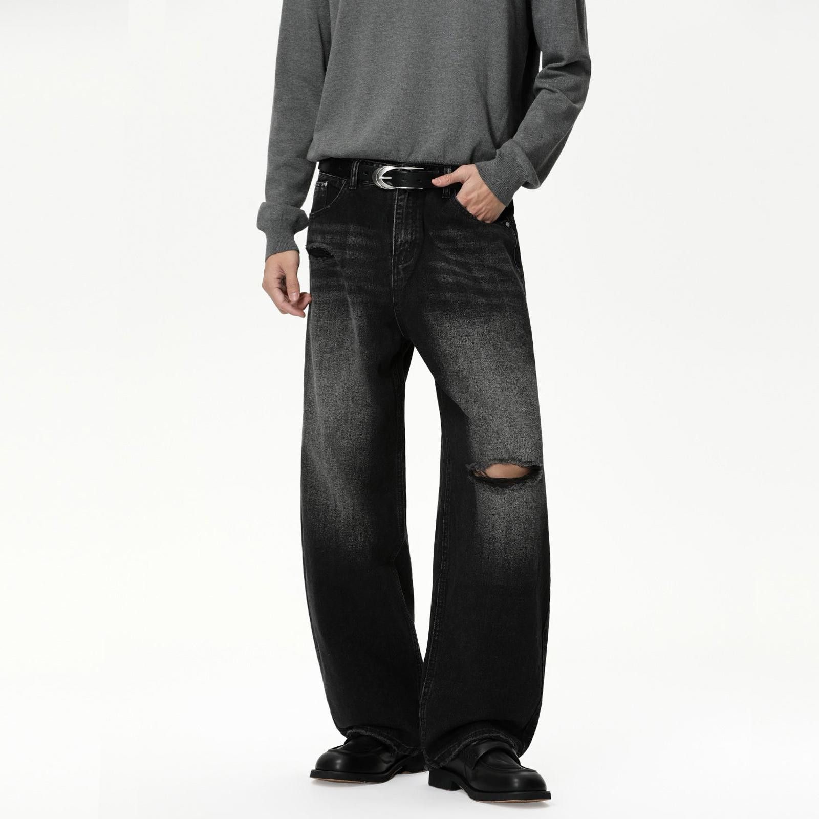 Light Blue and Black Distressed Wide Leg Jeans