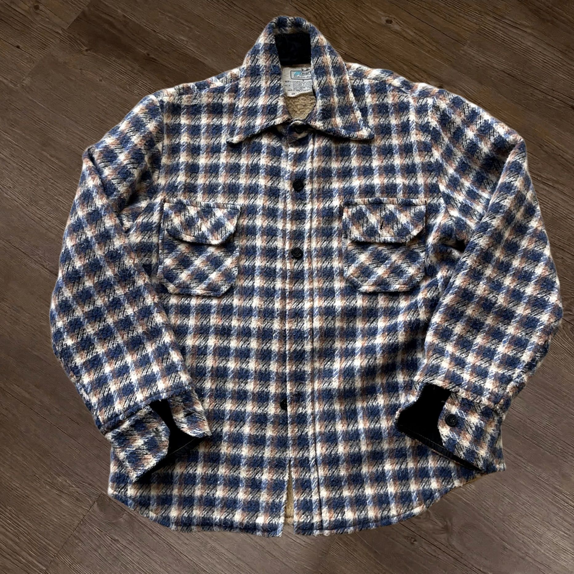 Vintage Kmart Jacket Mens L Blue Brown Plaid Sherpa Lined Button Up 70s 80s 90s Flannel Wool Bomber Shirt Classic Dad Western Casual Workwear in Gray, Men's