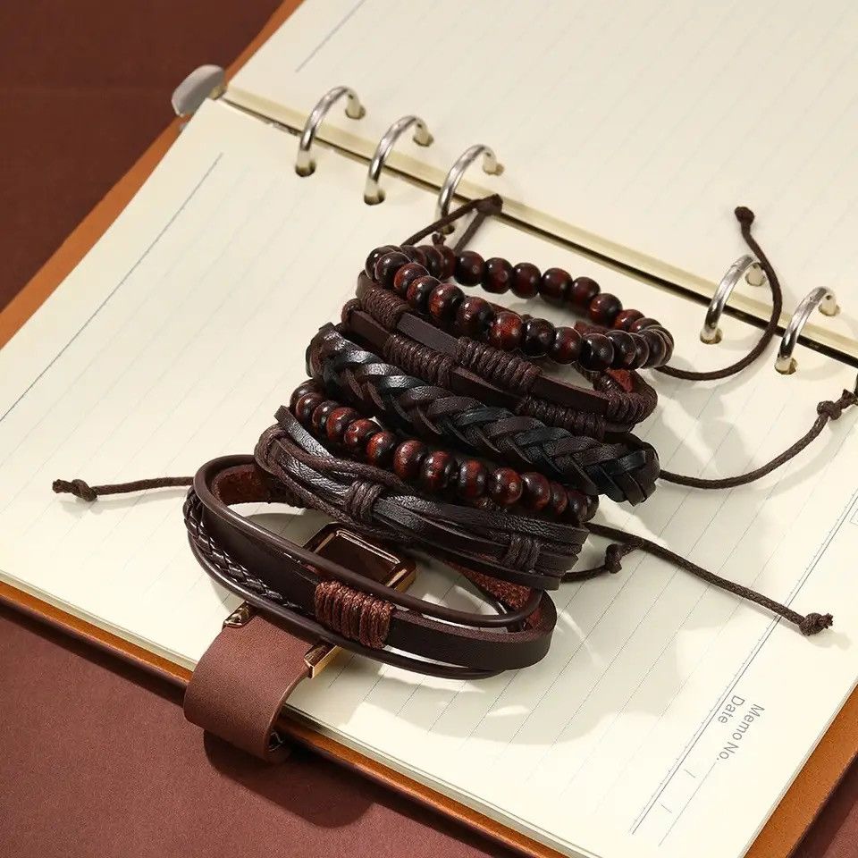 Other 6PCS Set Men's Vintage Braided Cowhide Bracelet Multi-layer Size ONE SIZE - 2 Thumbnail