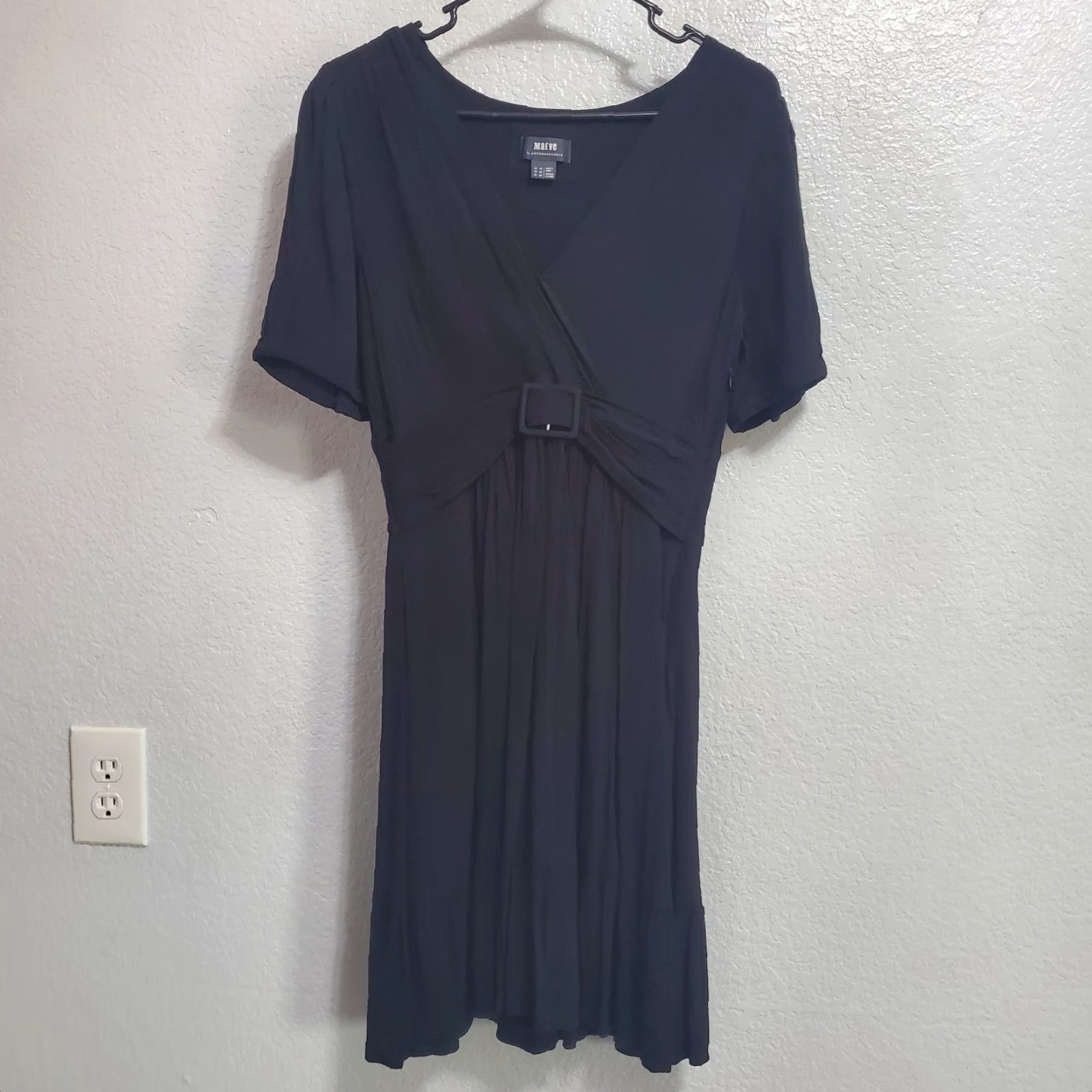 Anthropologie Anthropologie Maeve Martina Dress Sz 10 Black V Neck Belted Short Sleeve Ruffle Size 32" / US 10 / IT 46 - 3 Thumbnail