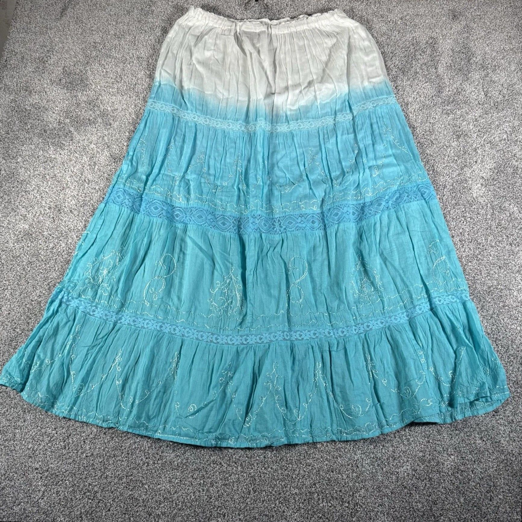 Denime VINTAGE Corpo Tokyo Denim Bank Skirt Boho Peasant Lace Embroidered Flower Long Women M Blue Cotton Lace Elastic Waist Size 32" / US 10 / IT 46 - 2 Thumbnail