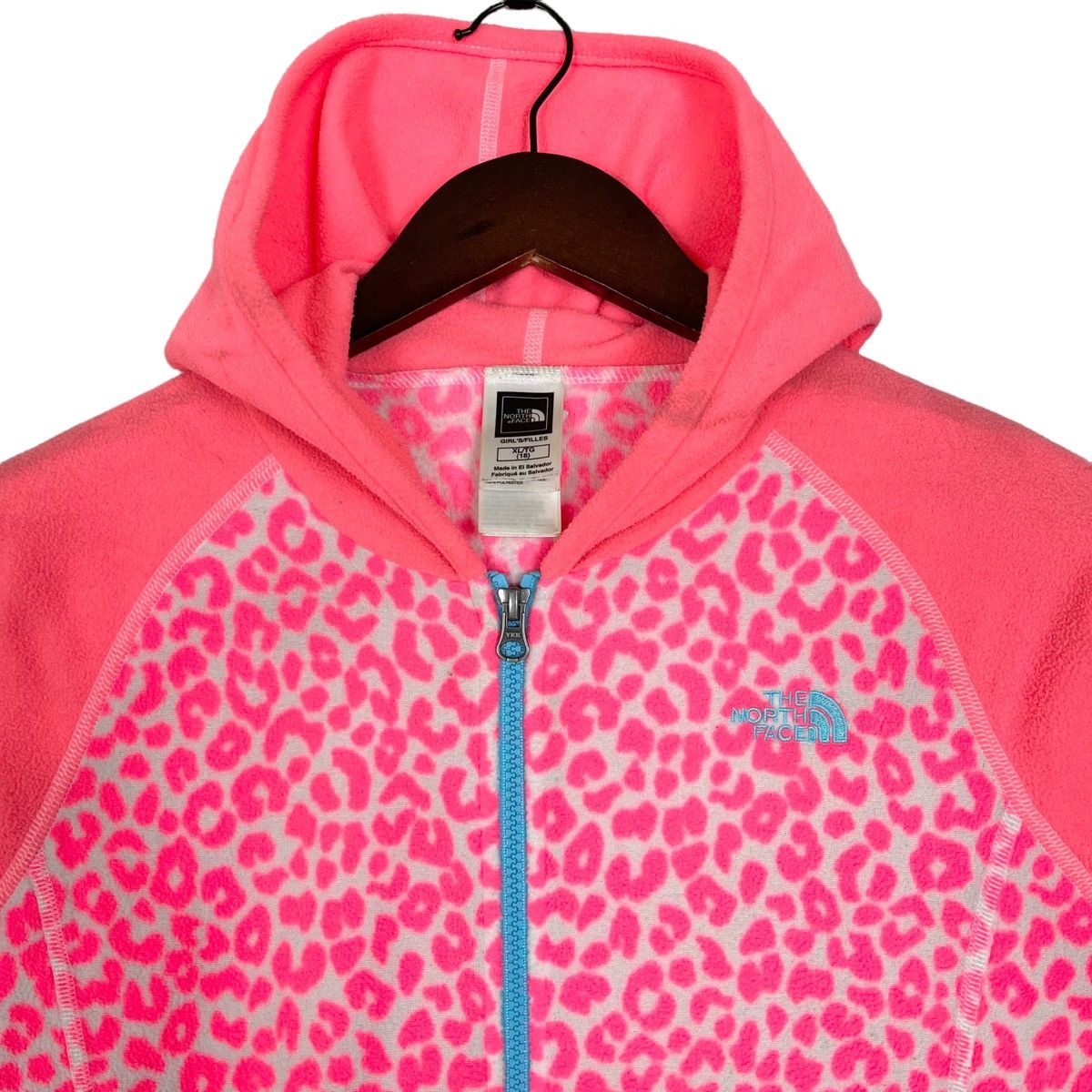 The North Face Pink Leopard Print Hoodie Fleece Jacket