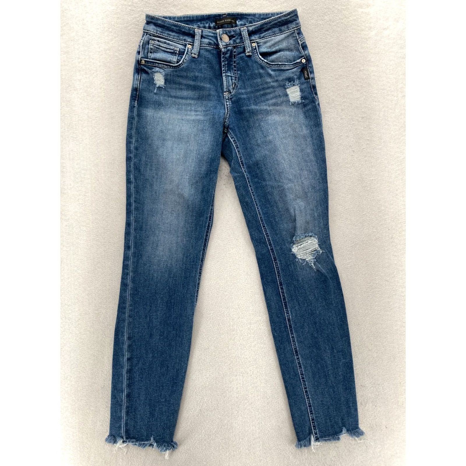 Silver Jeans Co. Silver Jeans Women's Boyfriend Blue Stretch Denim Distressed Grunge Rock 27x29 Jeans Size 26" / US 2 / IT 38 - 2 Thumbnail