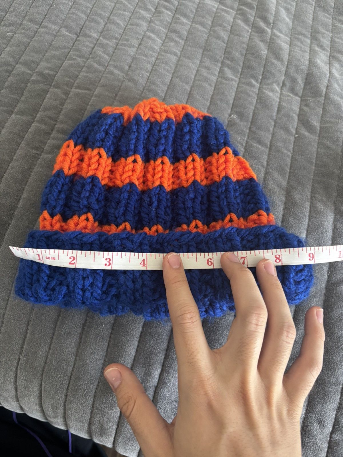 Handmade Orange and Blue Handknit beanie Size ONE SIZE - 5 Thumbnail