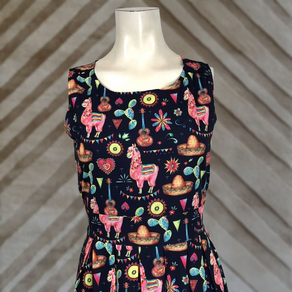 Etro DOLLZ & DAMES DRESS Women S Navy Western Llama Cactus Pleated Retro Knee Length Size S / US 4 / IT 40 - 1 Thumbnail