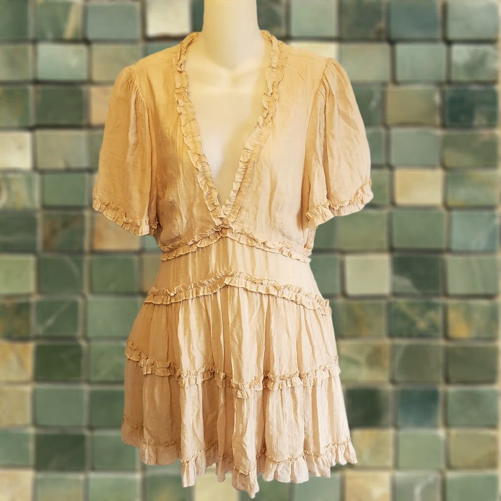 Vintage Entro Womens L Tiered Backless Mini Dress Boho Pink Lined V-Neck Bell Sleeve Button Zipper Size L / US 10 / IT 46 - 1 Thumbnail