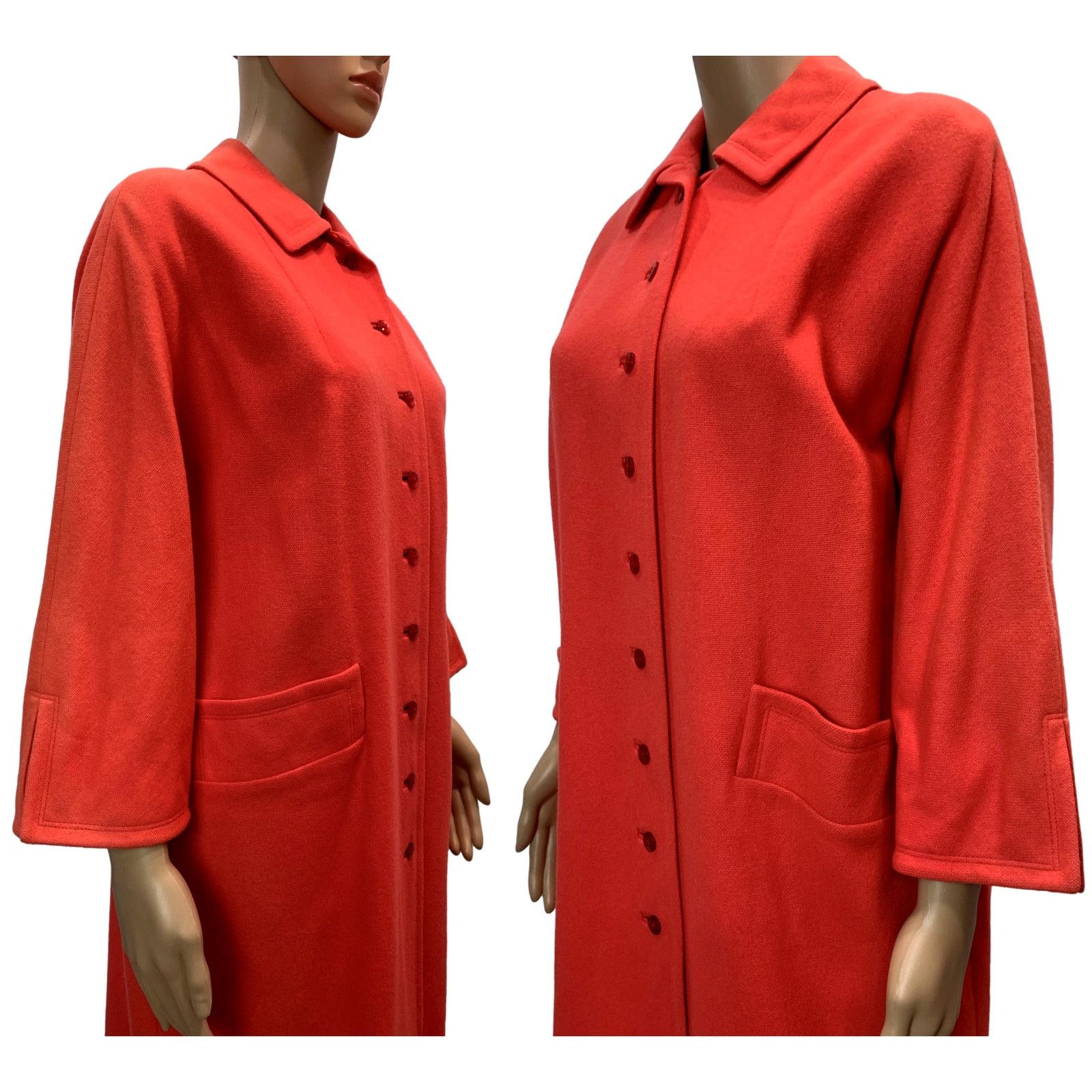 Vintage 60s Coral Orange Pink Wool Midi Coat | Overcoat Mid Century Size S / US 4 / IT 40 - 8 Thumbnail