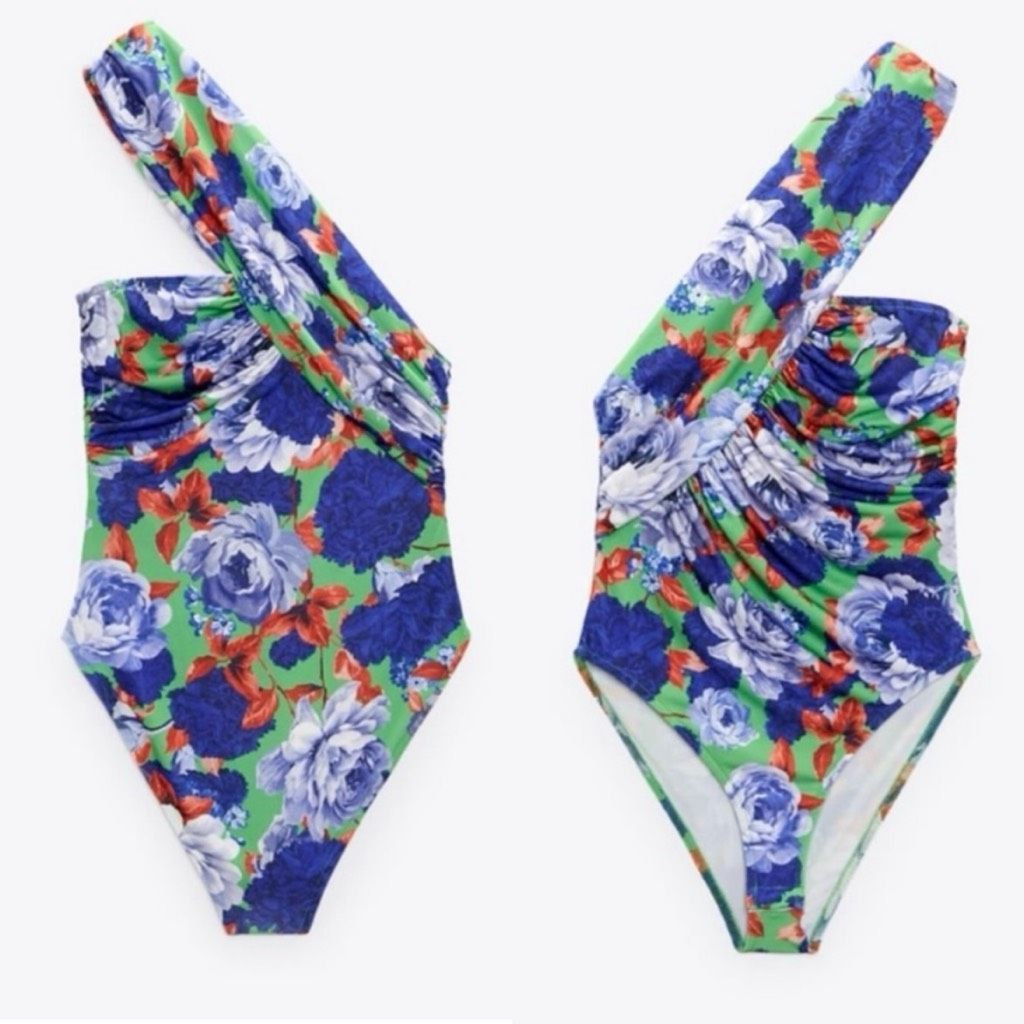 Zara ZARA Single Shoulder Royal Blue Floral Bodysuit, Ruched Top, Women’s Medium Size M / US 6-8 / IT 42-44 - 12 Thumbnail