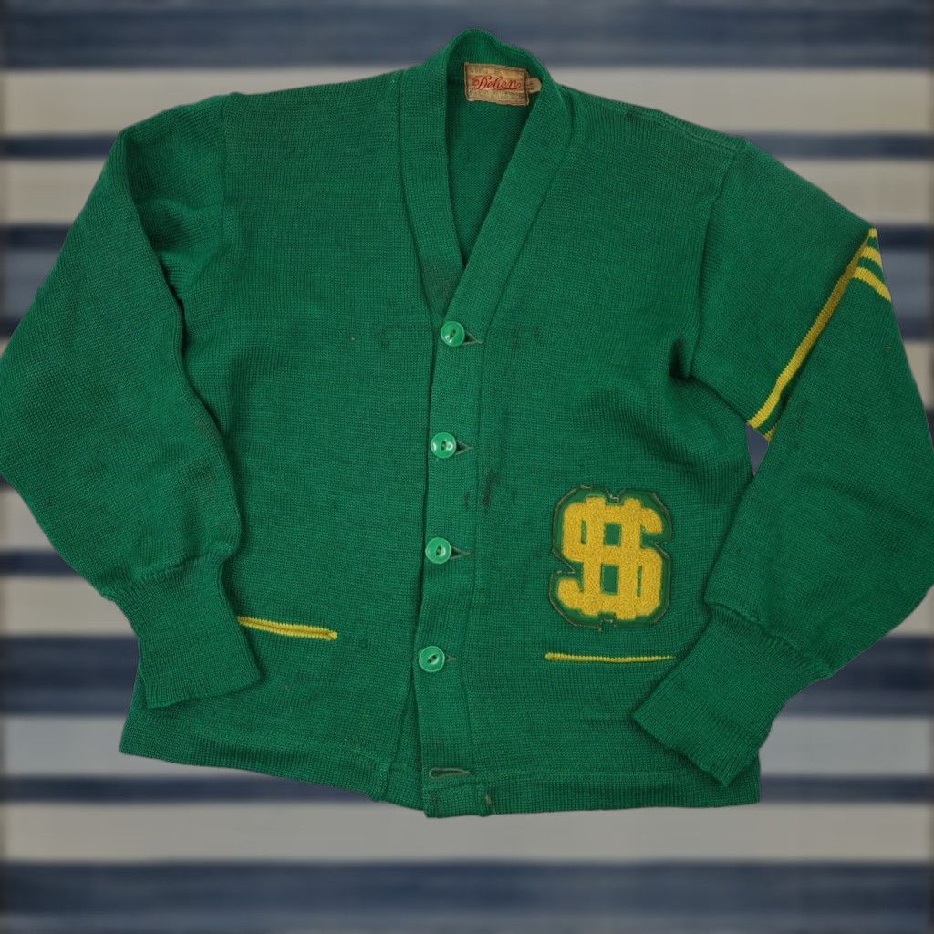Vintage VINTAGE Dehen Collegiate Small Letterman Dollar Sign Patch Knit Wool Sweater Cardigan Womens S Green Size S / US 4 / IT 40 - 1 Thumbnail