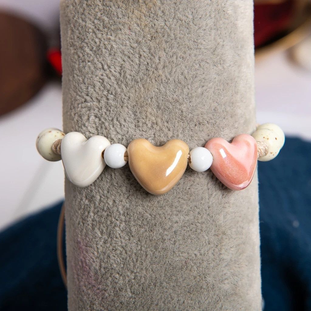 Handmade Triple Heart Ceramic Bracelet Handmade Jewelry Gift For Her Size ONE SIZE - 5 Thumbnail