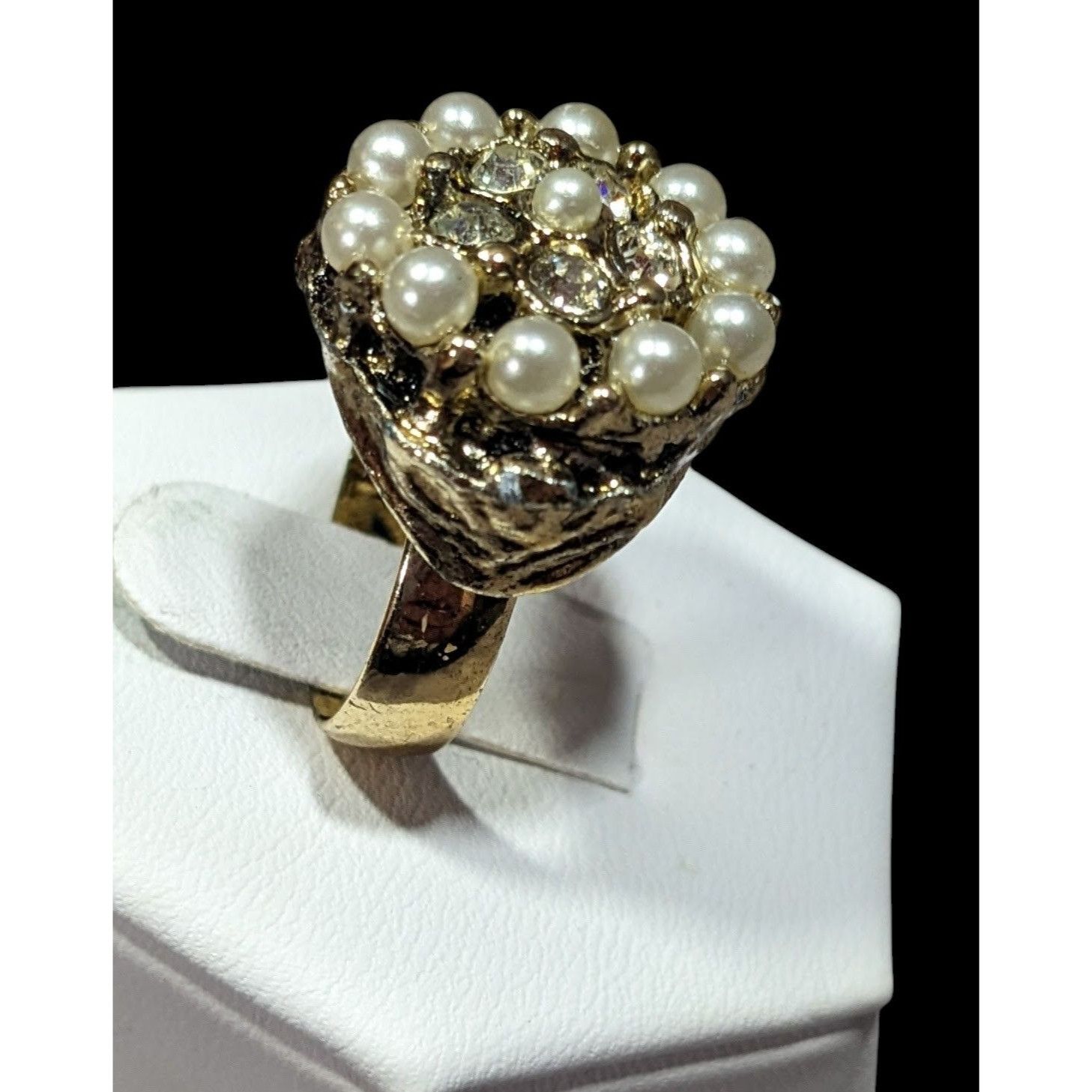 Other Vintage Glam Gold Tone Rhinestone Seed Pearl Adjustable Ring Size ONE SIZE - 2 Thumbnail
