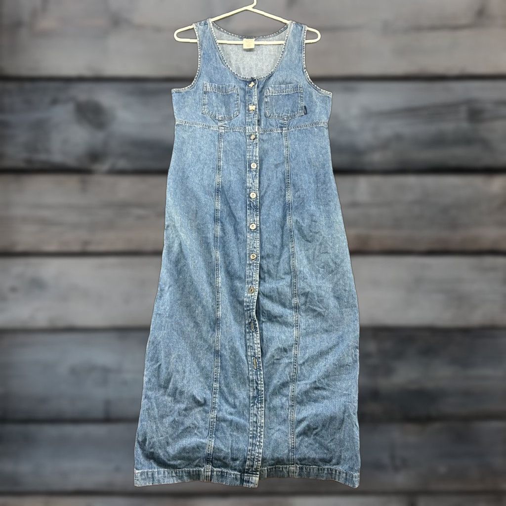 Old Navy VINTAGE Old Navy Dress Womens 10 Blue Denim Midi Button Up Overall 90s Floral Sleeveless Collared Cotton Denim Oversized Midi 90s Women, Flower Size 32" / US 10 / IT 46 - 1 Thumbnail