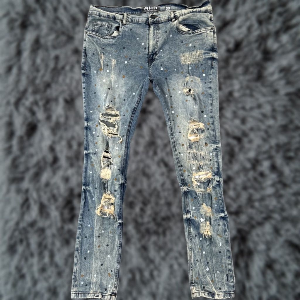 Vintage AHP Another Hype Piece Skinny Jeans Distressed Ripped Acid Wash Blue 38x32 Denim Slim Distressed 5-Pocket Mens Jeans Size US 38 / EU 54 - 1 Thumbnail
