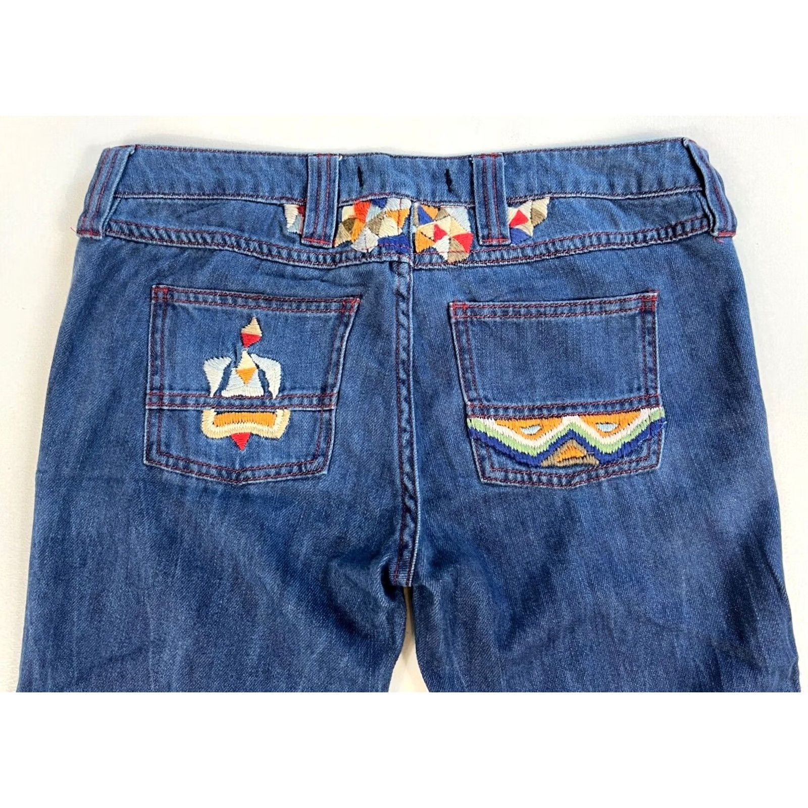 Free People VINTAGE Women's Free People Flare Jeans Boho Embroidered Sz 25 Blue Cotton Denim 31in Inseam Womens Baggy Flared Bohemian 25 Jeans Size 42" / US 20 - 7 Thumbnail