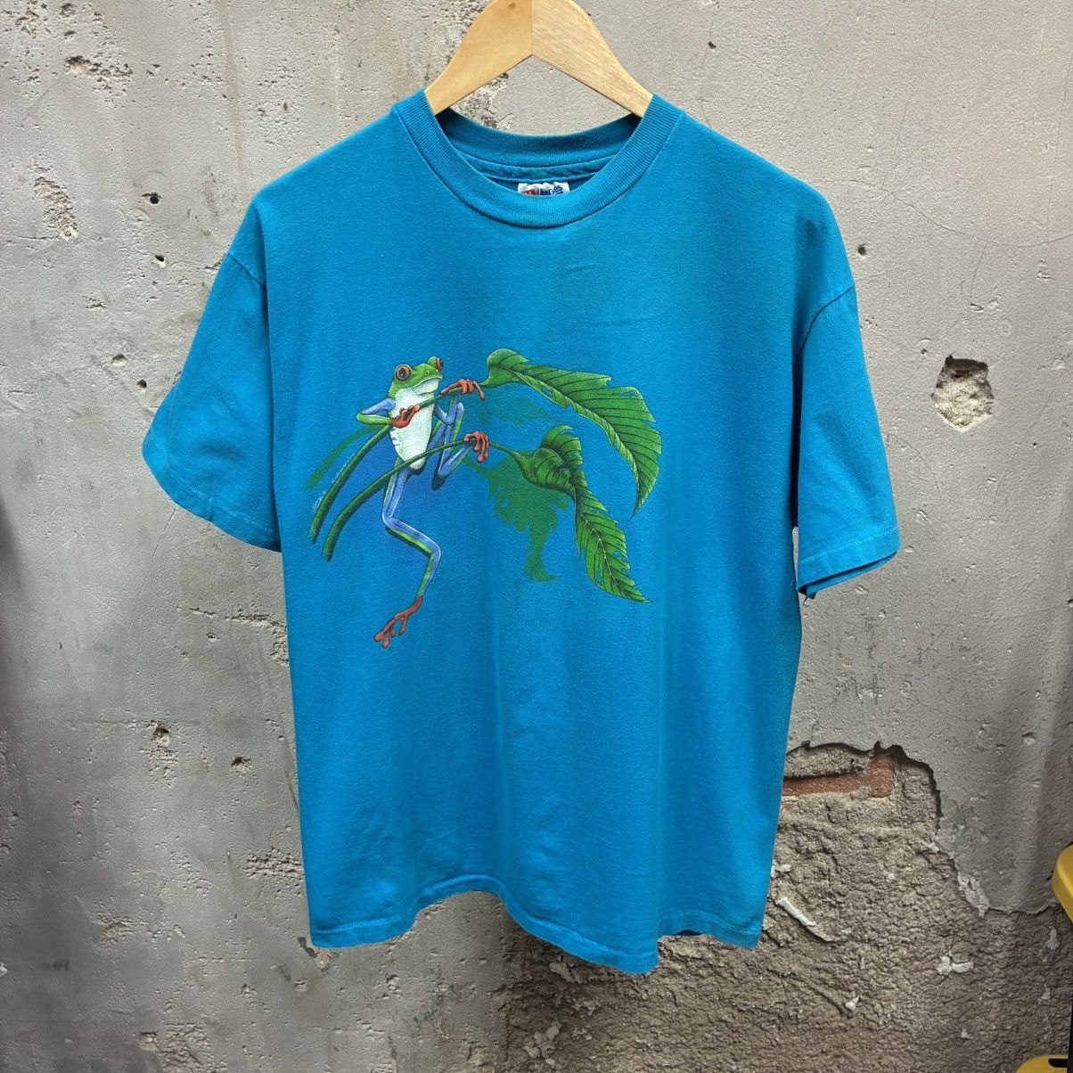 Hanes Vintage 1991 Teal Blue Wraparound Nature Frog Art tee Large Size US L / EU 52-54 / 3 - 1 Thumbnail