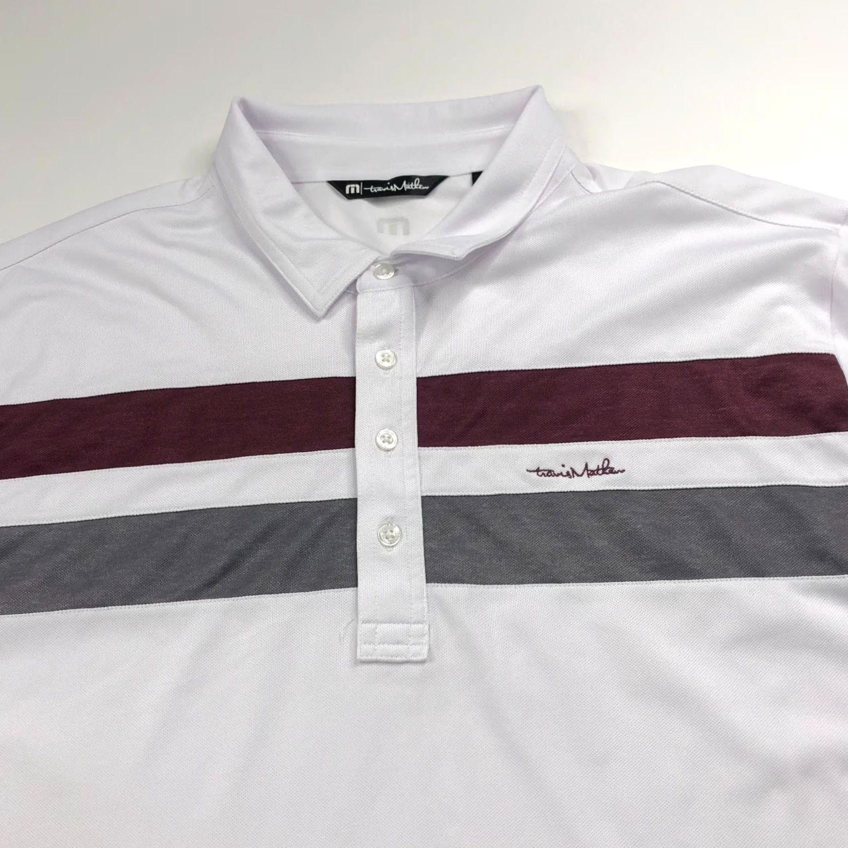 TravisMathew Travis Mathew Shirt Polo XXL White Striped Golf SS Polyester Button LOGO Size US XXL / EU 58 / 5 - 6 Thumbnail