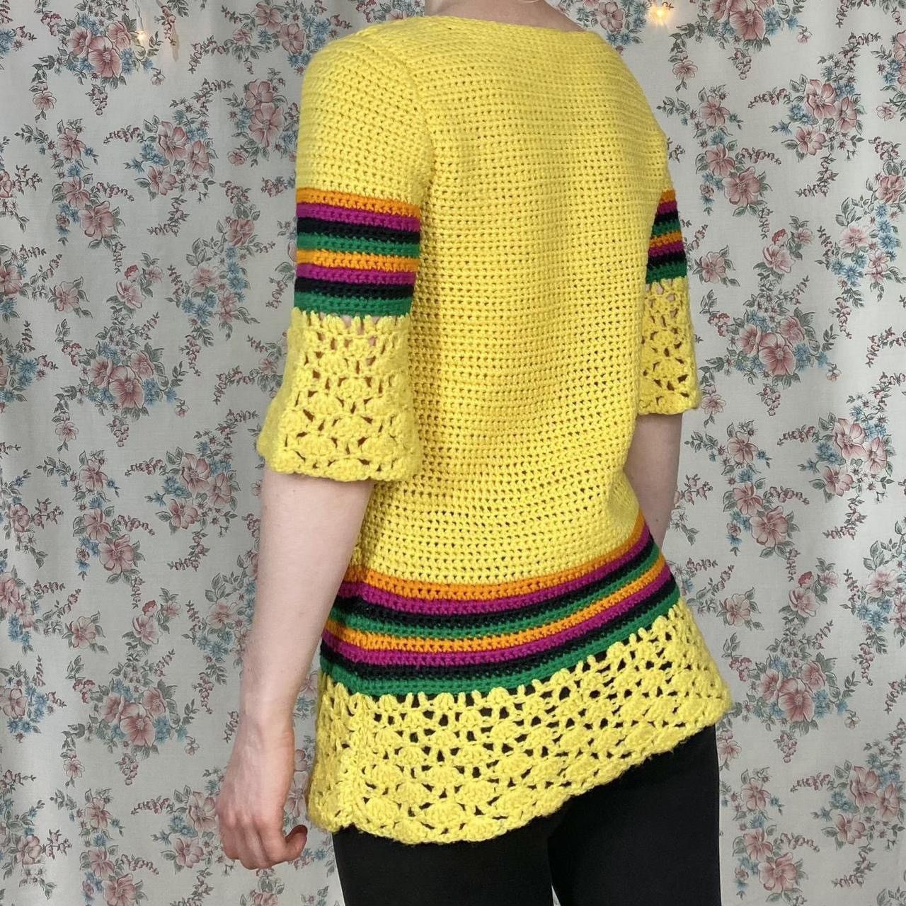 Handmade × Vintage 70s sunshine yellow striped tunic sweater Size M / US 6-8 / IT 42-44 - 4 Thumbnail