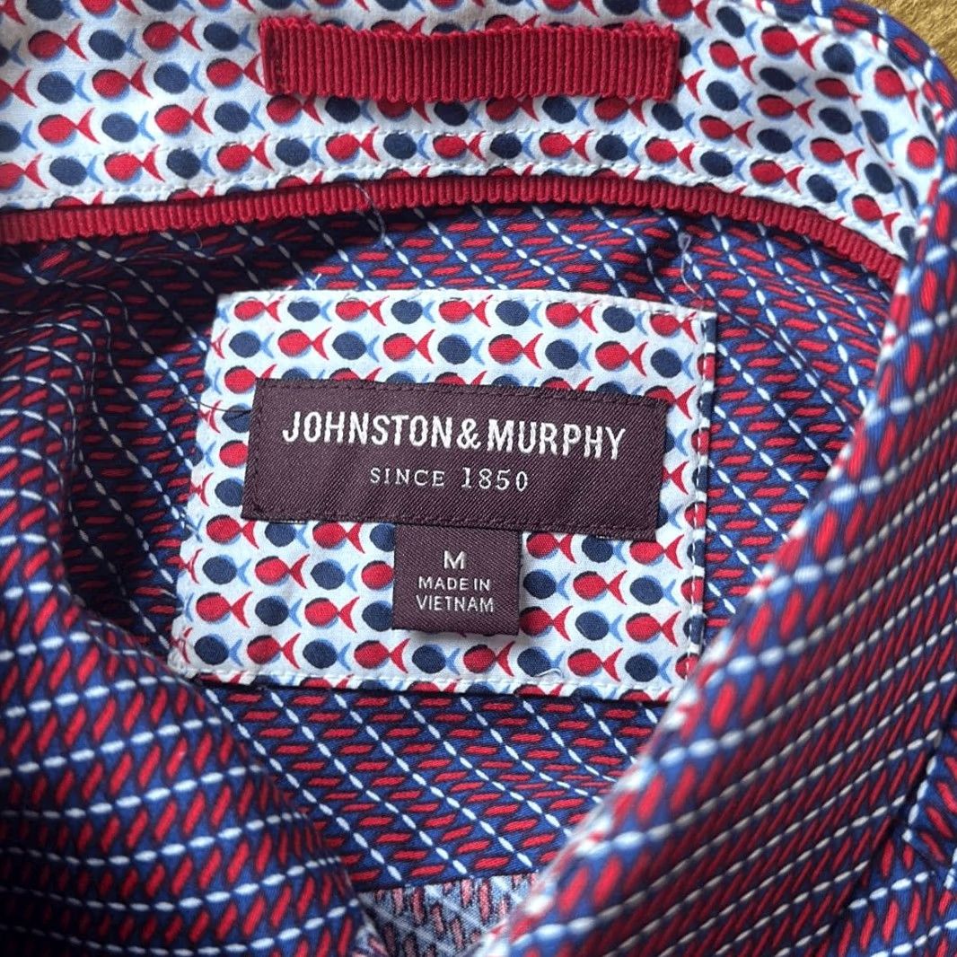 Johnston & Murphy Johnston & Murphy Shirt Mens Medium Red Blue Flip Cuff Fish All Over Print AOP Geometric Print Long Sleeve Button-Up Reg Regular Color Multicolor B2B Size US M / EU 48-50 / 2 - 6 Thumbnail