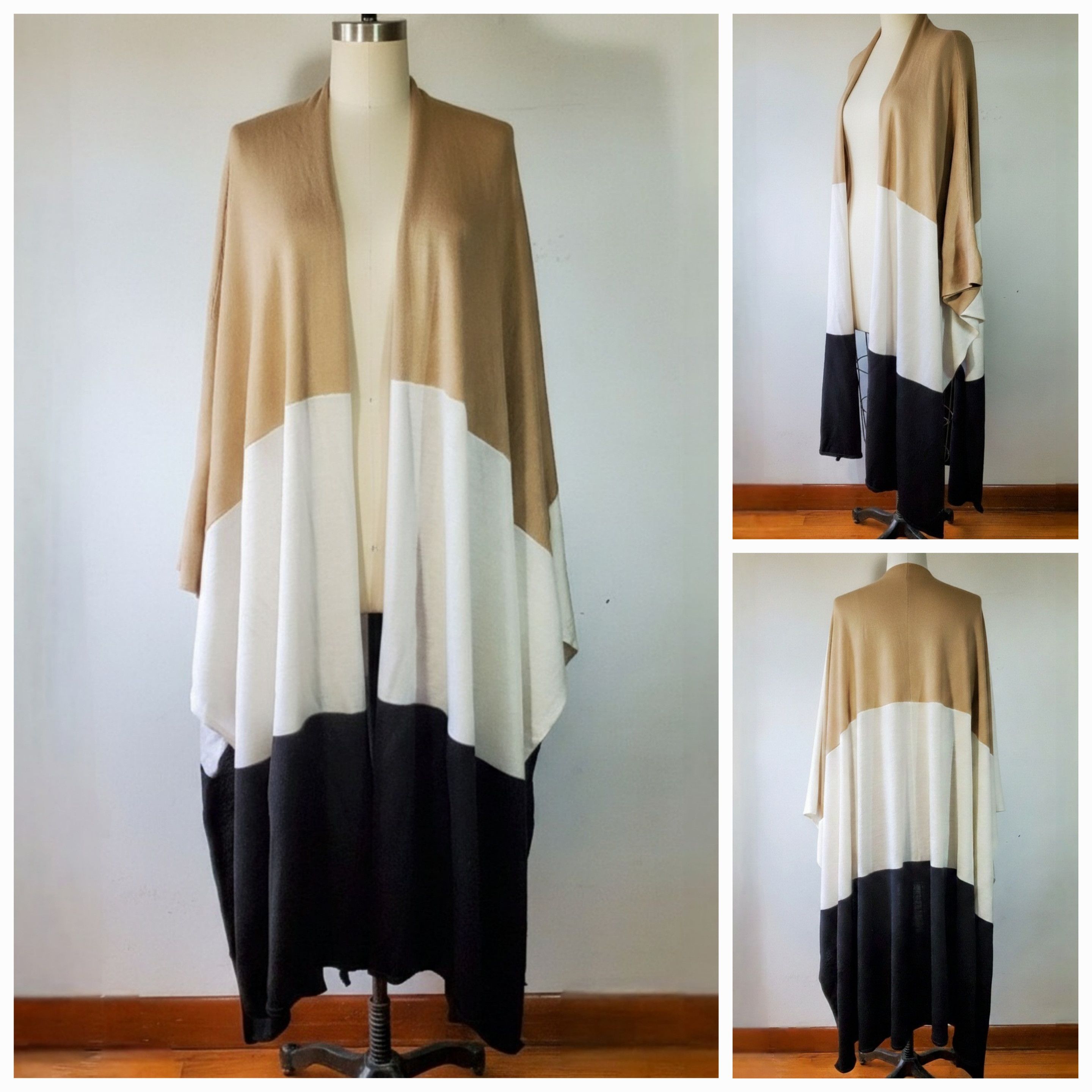 Other Victor Alfaro OS Cardigan Duster Colorblock 100% Wool Beige Size ONE SIZE - 8 Thumbnail