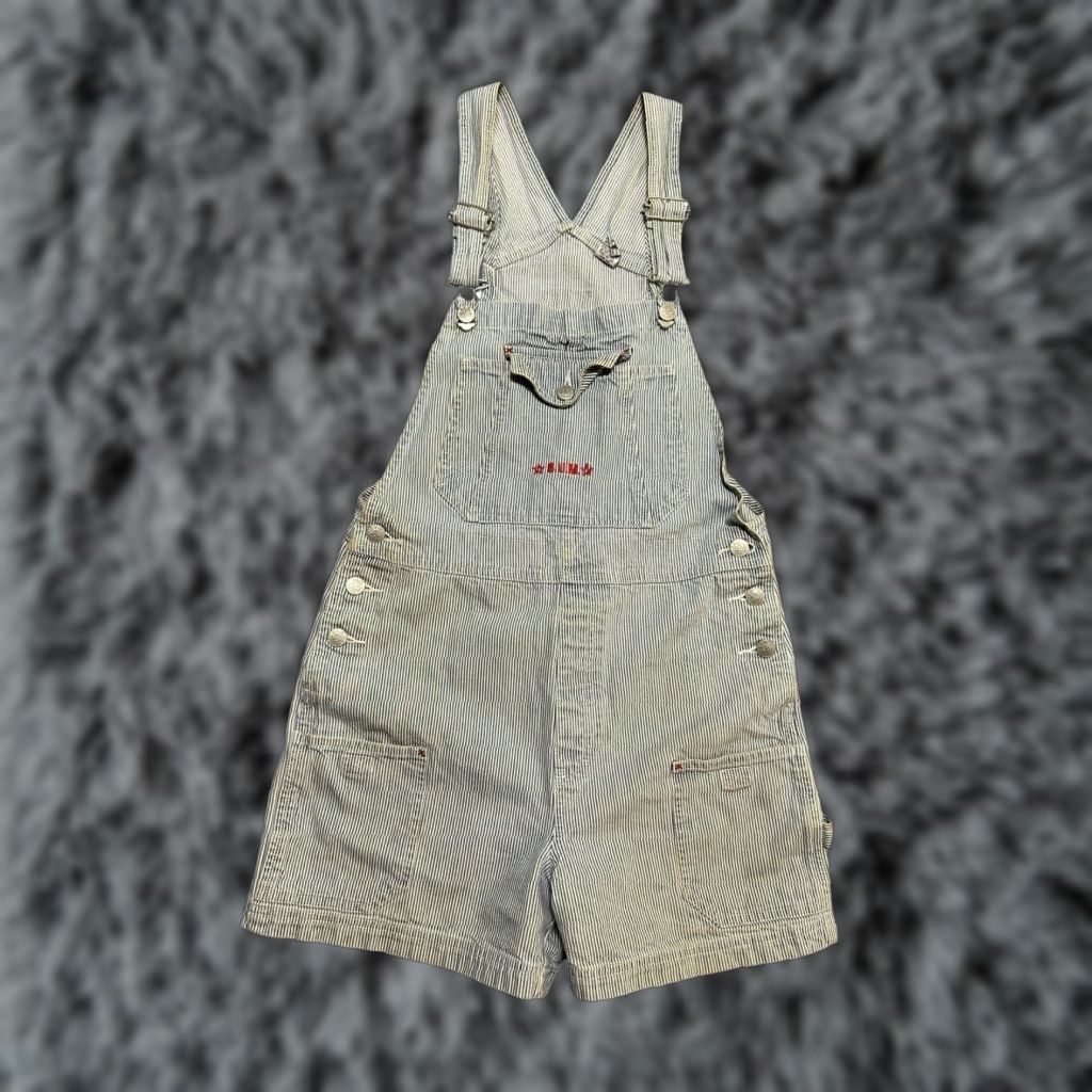 Vintage B.U.M. Equipment Women's Denim Overall Striped Shorts S 100% Cotton Pockets Straps Gray Festival Hipster Casual Button Sleeveless Size 28" / US 6 / IT 42 - 1 Thumbnail
