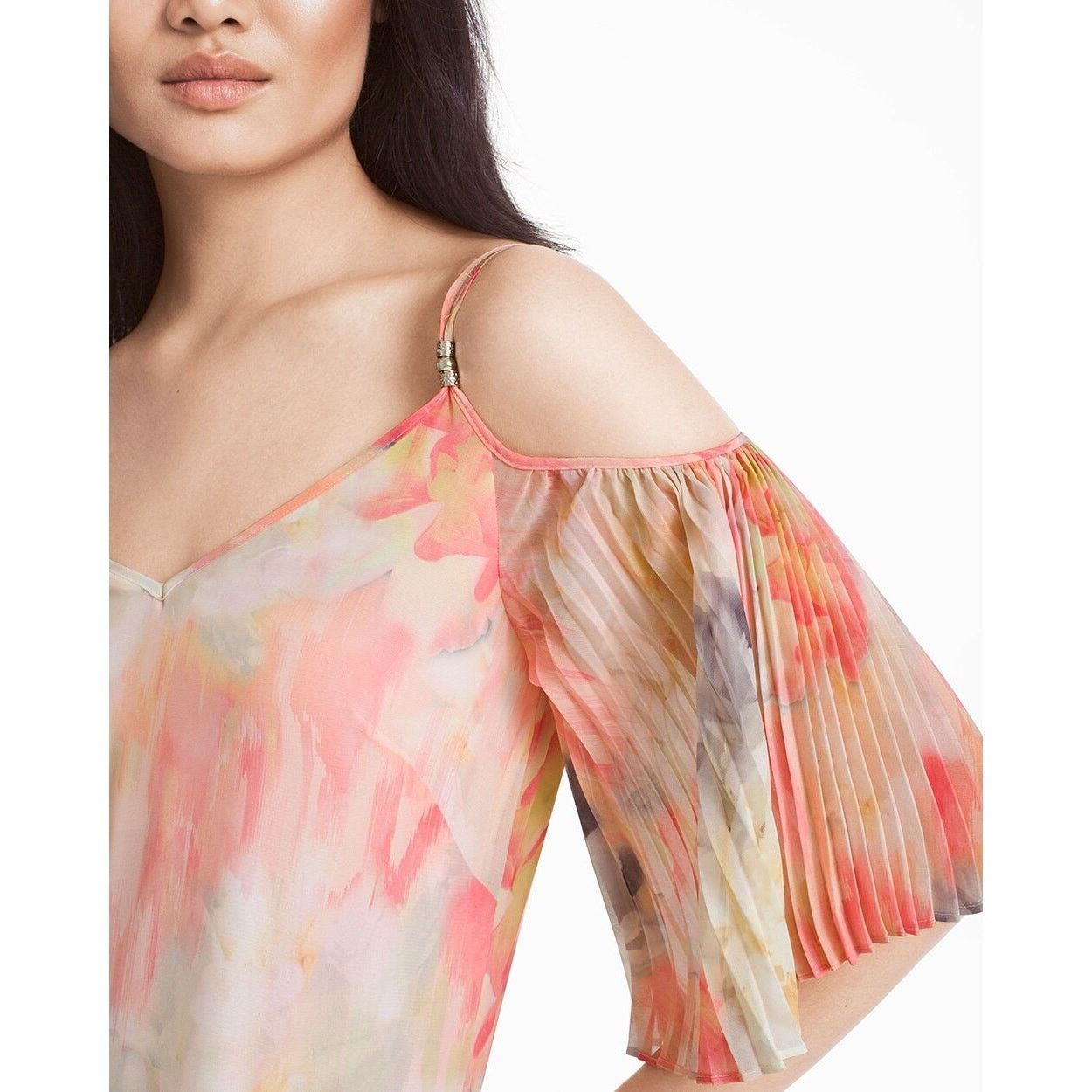 White House Black Market WHBM | Cold Shoulder Pleat Sleeve Watercolor Print Dress Size XS / US 0-2 / IT 36-38 - 3 Thumbnail