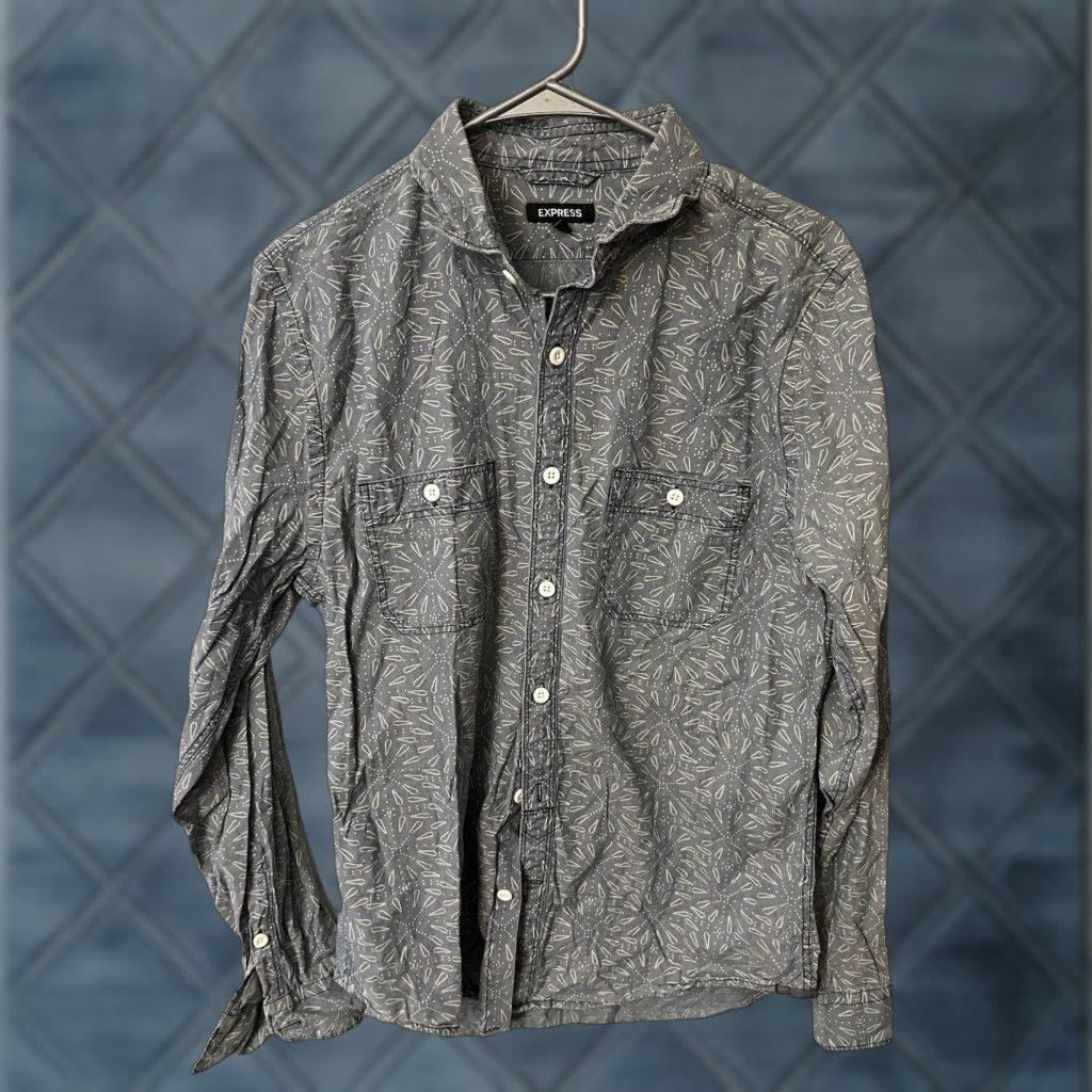 Express Express Shirt Button-Up Men Medium Blue All Over Print Long Sleeve Pockets Size US M / EU 48-50 / 2 - 1 Thumbnail