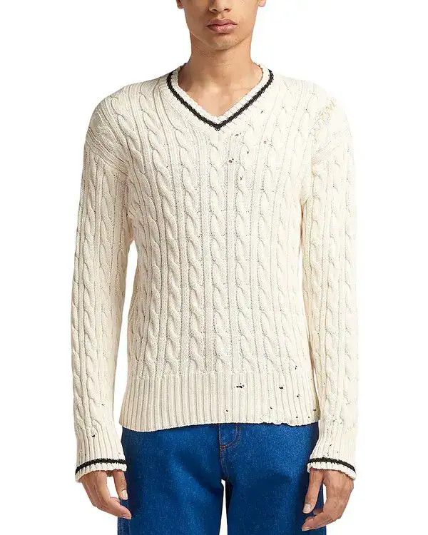 Marni o1f1d3z0326 Cable Knit V-Neck Sweater in Ivory Size US L / EU 52-54 / 3 - 1 Thumbnail