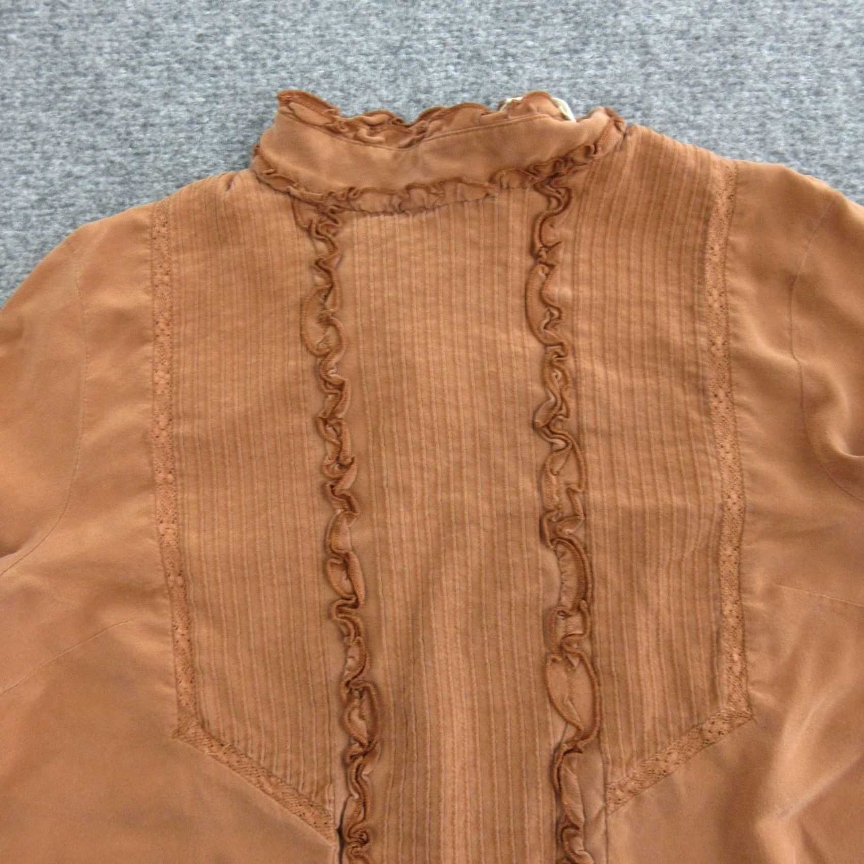 Vintage Sézane Blouse Womens 34 Orange Silk High Neck Ruffle Pleated Long Sleeve Top Size XXS / US 00 / IT 34 - 5 Thumbnail