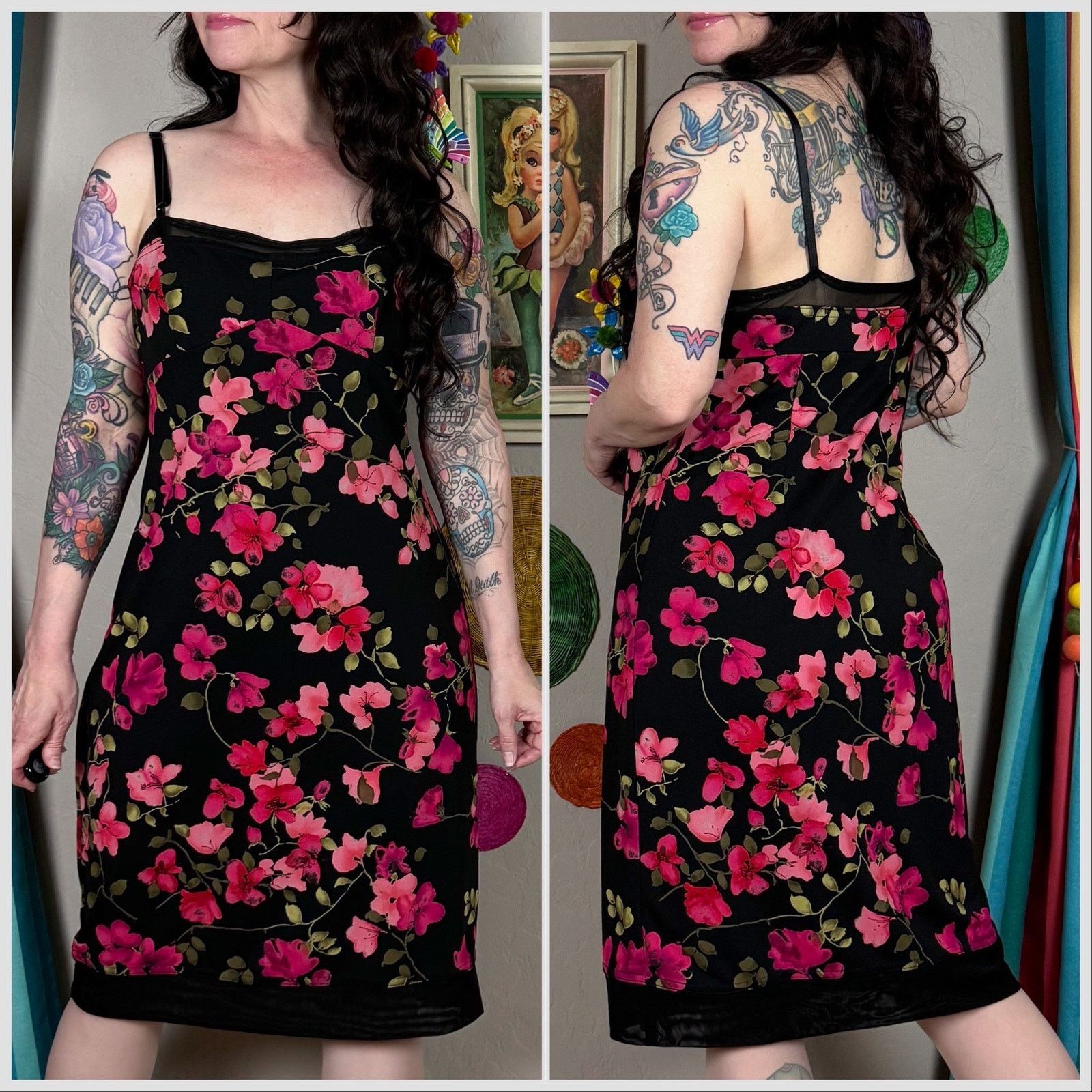 Vintage Vintage 1990s Black and Pink Floral Sleeveless Slipdress Size M / US 6-8 / IT 42-44 - 3 Thumbnail