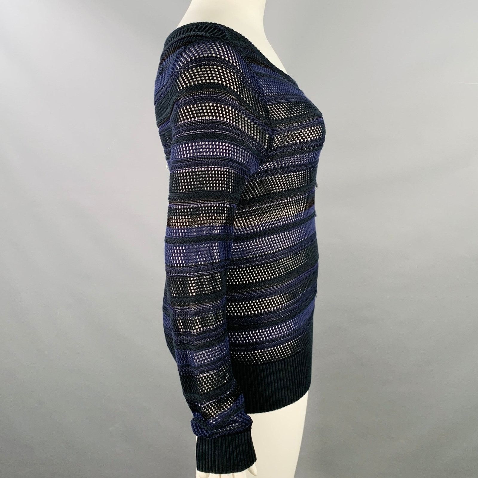 Rag & Bone L Navy Black Cotton Blend Textured Stripe Open Knit Pullover Size L / US 10 / IT 46 - 3 Thumbnail