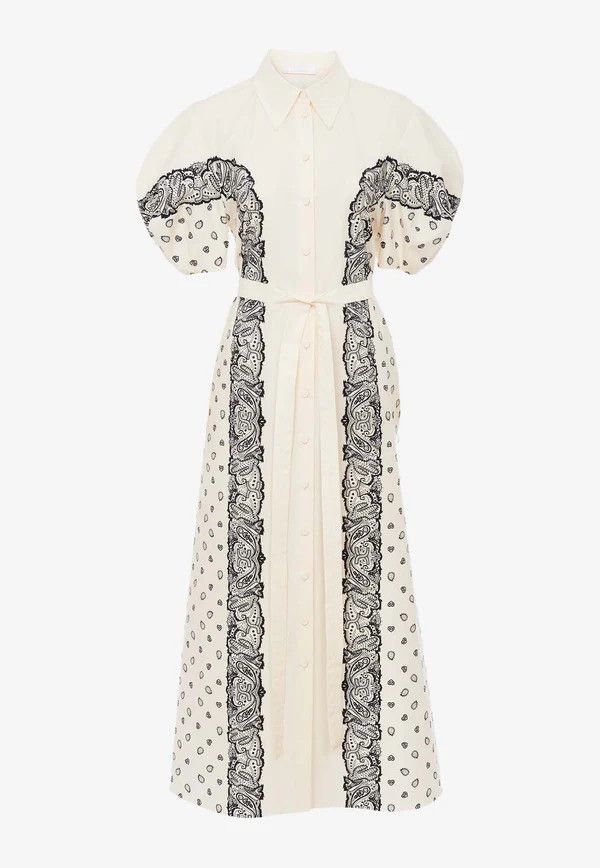 Chloe o1loc1c0625 Bandana Printed Midi Shirt Dress in White/Black Size M / US 6-8 / IT 42-44 - 1 Thumbnail