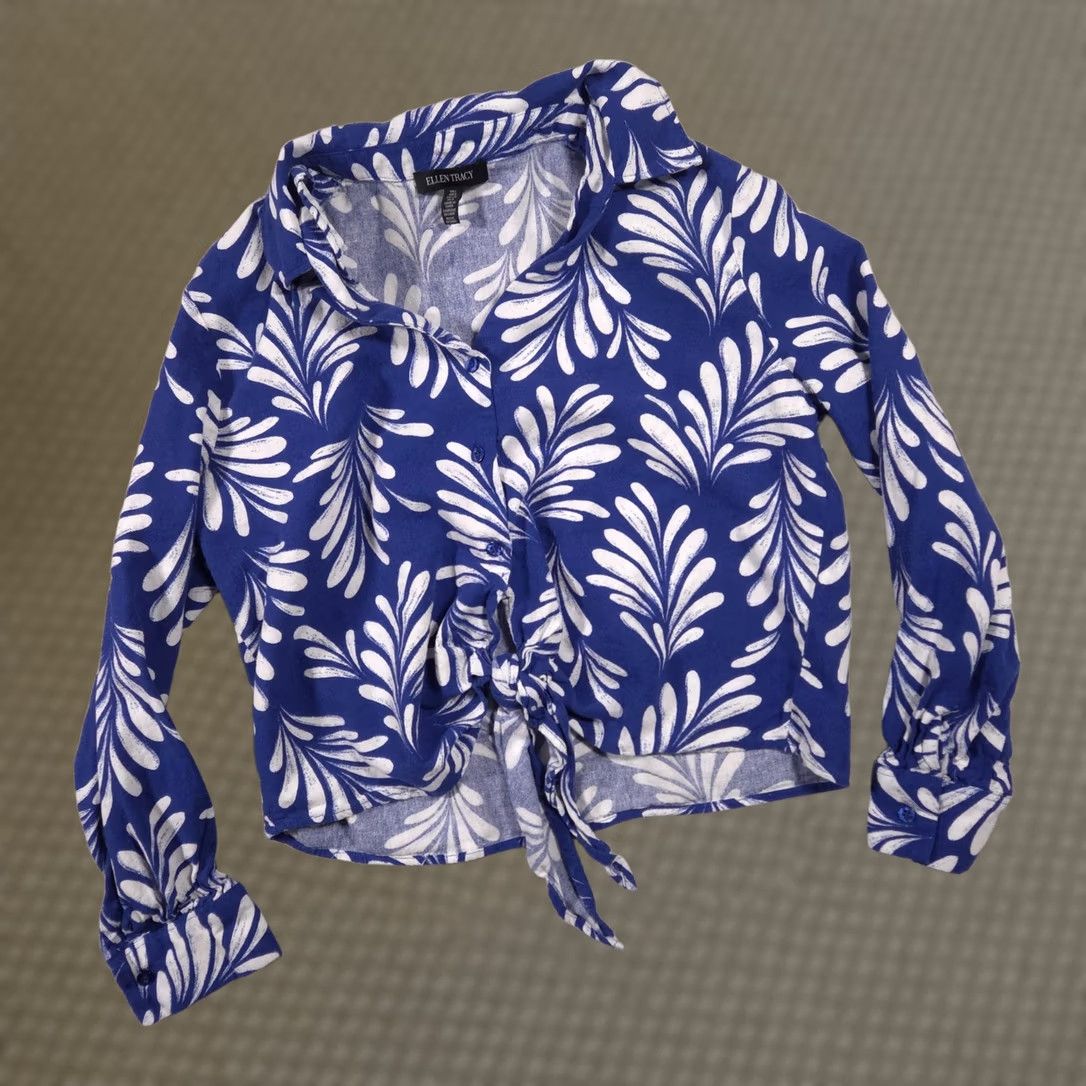 Ellen Tracy Ellen Tracy Blouse Womens Large Blue White Leaf Print Tie Front Linen Top Size L / US 10 / IT 46 - 1 Thumbnail