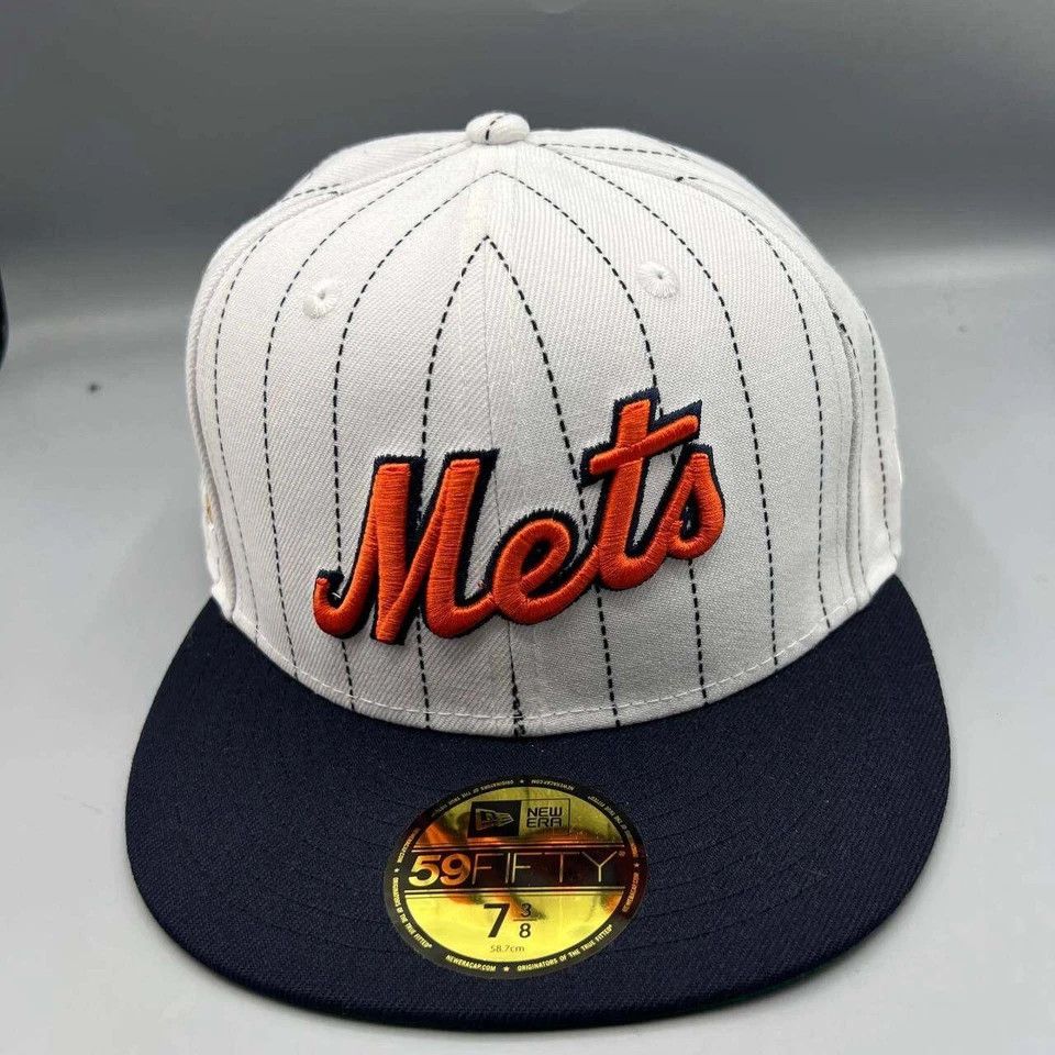 New Era New York Mets Hat Men 7 3/8 White Pinstripe MLB Fitted Cap Size ONE SIZE - 3 Thumbnail
