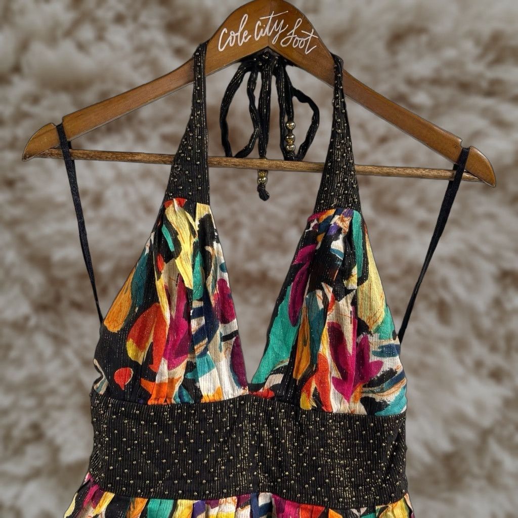 French Connection Halter Top Mini Dress Colorful Beaded Metallic Vintage  Dress Womens 4 Brown Paisley Sleeveless