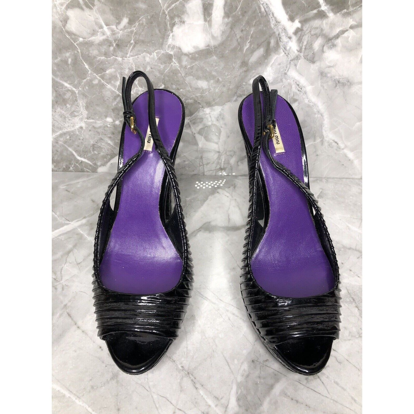 Miu Miu MIU MIU Black Patent Leather Peep Ankle Strap Platform Stile Size US 8 / IT 38 - 18 Thumbnail