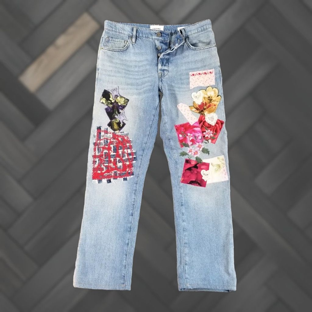 VINTAGE FRAME Jeans Women’s 32 Blue Denim Le Slouch Embroidered Relaxed Fit 80s Classic Bootcut 29 in Inseam