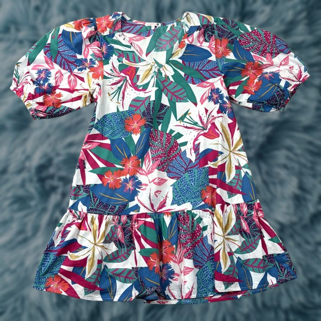 Sundry Sundry Mini Sun All Day Dress Floral Ruffle Tiered Puff Sleeve Cotton Womens L Size L / US 10 / IT 46 - 1 Thumbnail